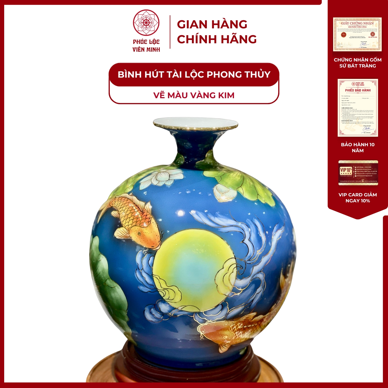 Bình Hút Lộc Đơn Cảnh Vẽ Màu Vàng Kim Gốm Sứ Bát Tràng - Phúc Lộc Viên Minh