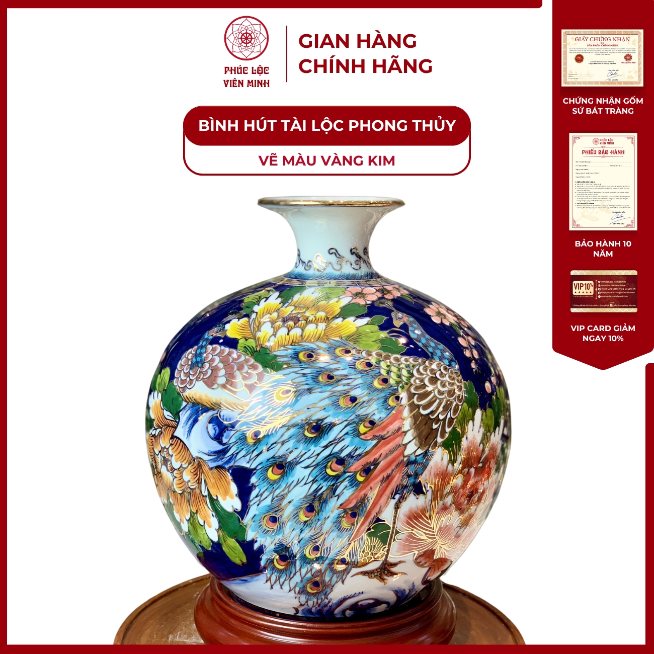 Bình Hút Lộc Đơn Cảnh Vẽ Màu Vàng Kim Gốm Sứ Bát Tràng - Phúc Lộc Viên Minh