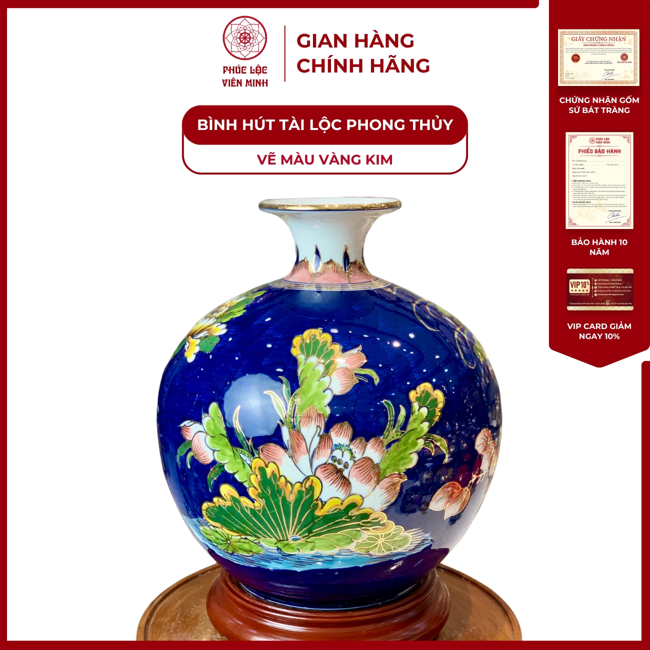 Bình Hút Lộc Đơn Cảnh Vẽ Màu Vàng Kim Gốm Sứ Bát Tràng - Phúc Lộc Viên Minh