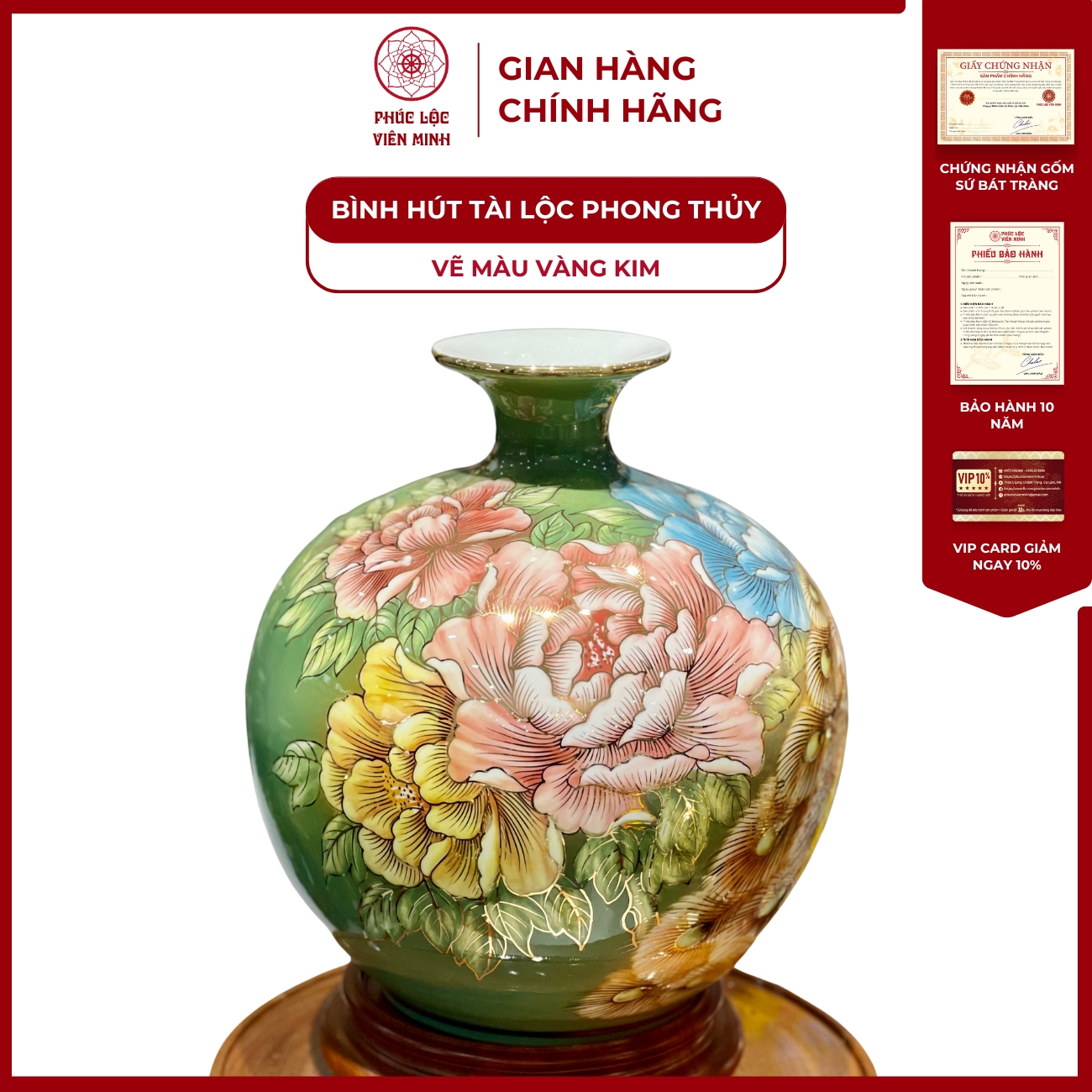 Bình Hút Lộc Đơn Cảnh Vẽ Màu Vàng Kim Gốm Sứ Bát Tràng - Phúc Lộc Viên Minh