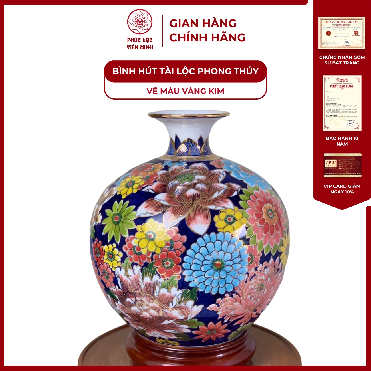 Bình Hút Lộc Đơn Cảnh Vẽ Màu Vàng Kim Gốm Sứ Bát Tràng - Phúc Lộc Viên Minh