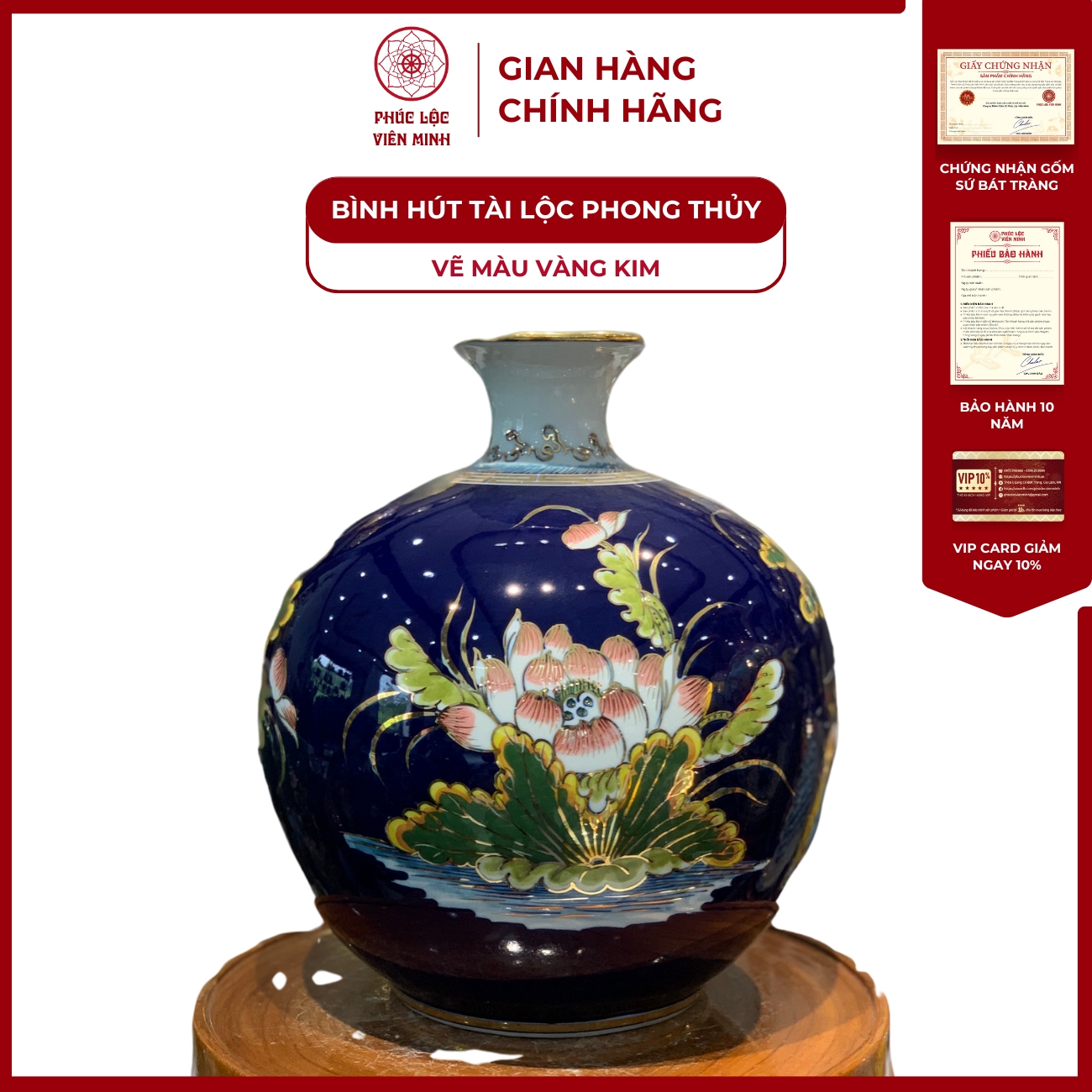 Bình Hút Lộc Đơn Cảnh Vẽ Màu Vàng Kim Gốm Sứ Bát Tràng - Phúc Lộc Viên Minh