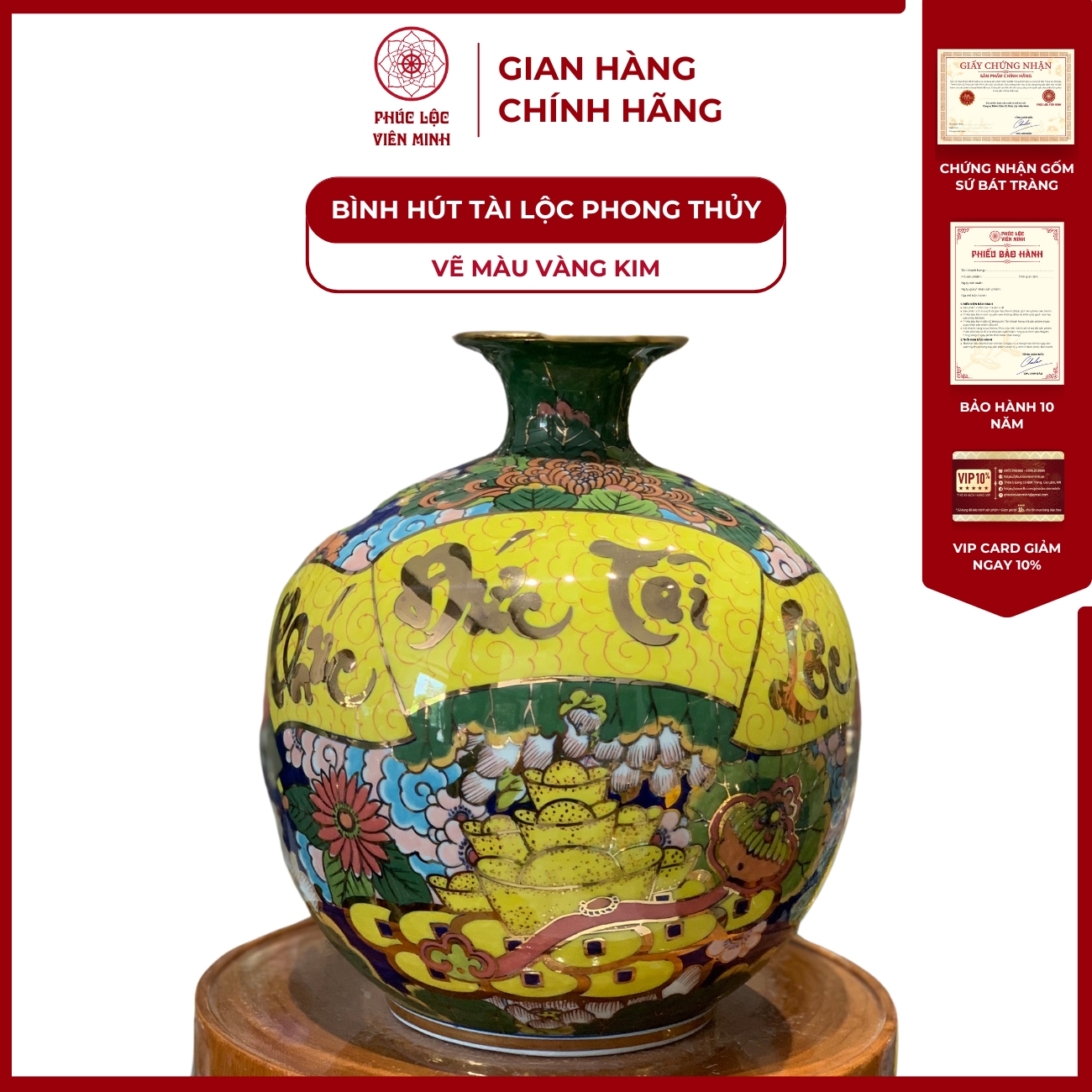 Bình Hút Lộc Đơn Cảnh Vẽ Màu Vàng Kim Gốm Sứ Bát Tràng - Phúc Lộc Viên Minh