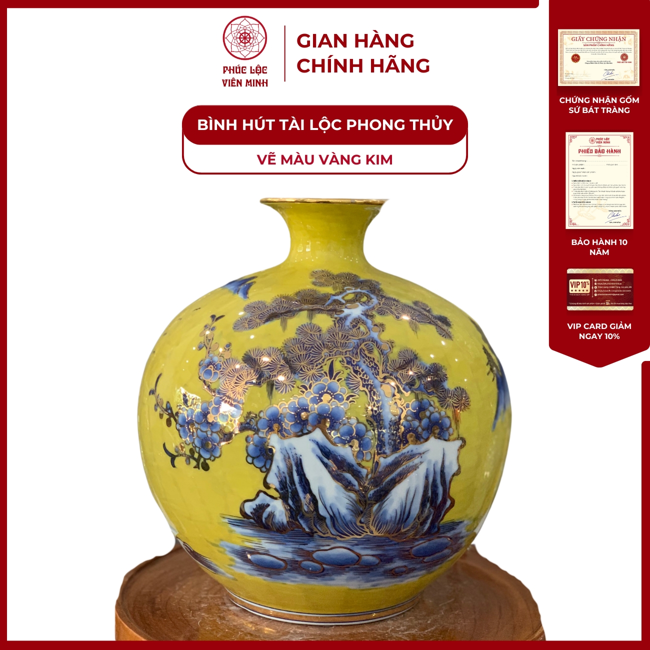 Bình Hút Lộc Đơn Cảnh Vẽ Màu Vàng Kim Gốm Sứ Bát Tràng - Phúc Lộc Viên Minh