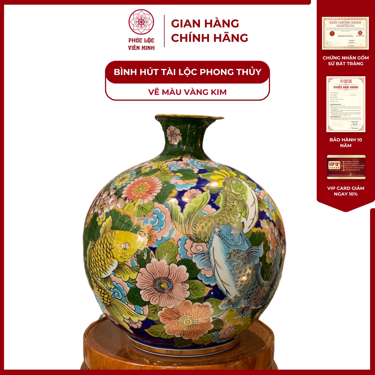 Bình Hút Lộc Đơn Cảnh Vẽ Màu Vàng Kim Gốm Sứ Bát Tràng - Phúc Lộc Viên Minh