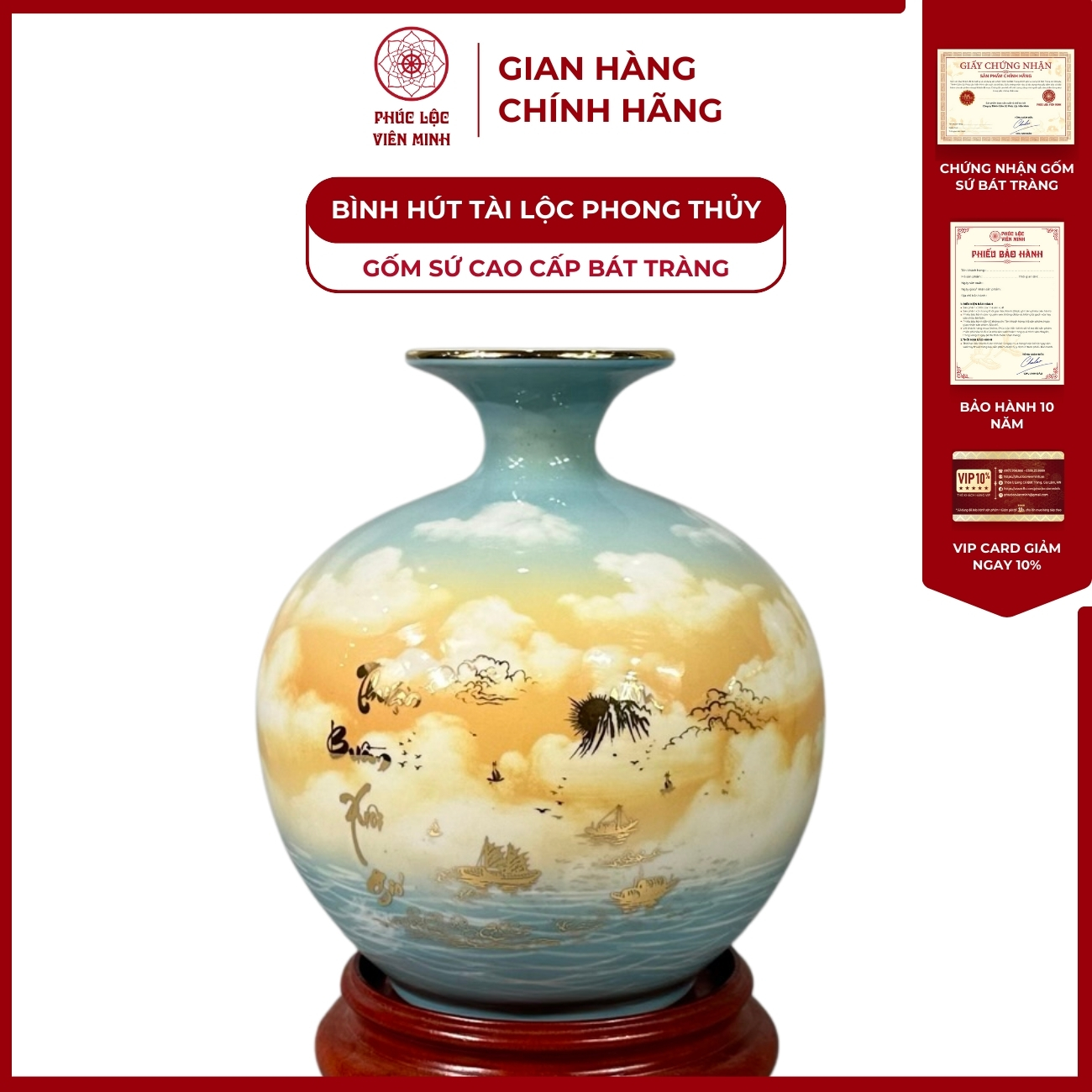 Bình Hút Lộc Dán Decal Vàng Kim Gốm Sứ Bát Tràng - Phúc Lộc Viên Minh