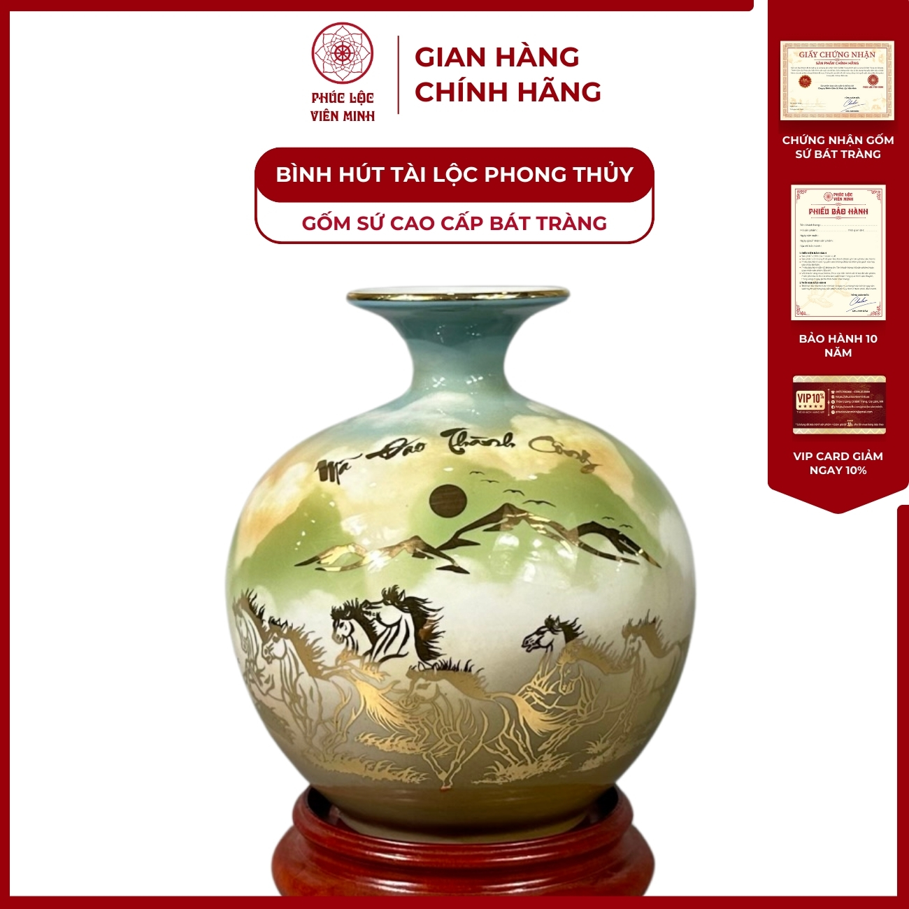 Bình Hút Lộc Dán Decal Vàng Kim Gốm Sứ Bát Tràng - Phúc Lộc Viên Minh
