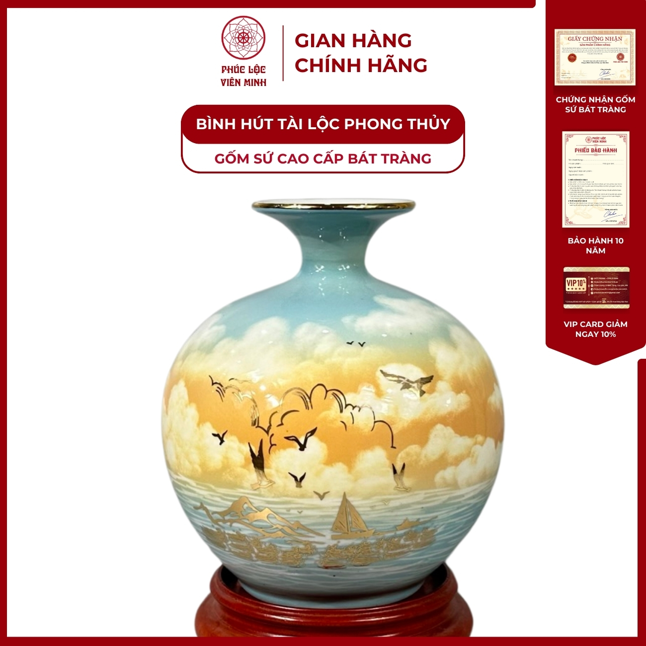 Bình Hút Lộc Dán Decal Vàng Kim Gốm Sứ Bát Tràng - Phúc Lộc Viên Minh