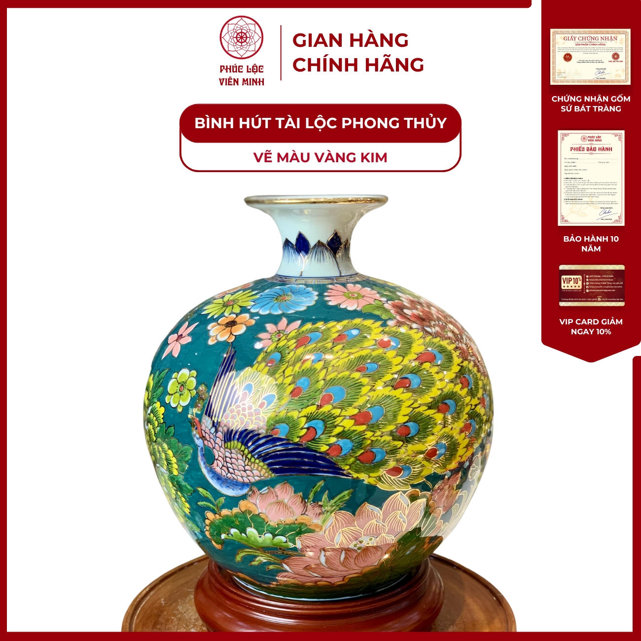 Bình Hút Lộc Đơn Cảnh Vẽ Màu Vàng Kim Gốm Sứ Bát Tràng - Phúc Lộc Viên Minh