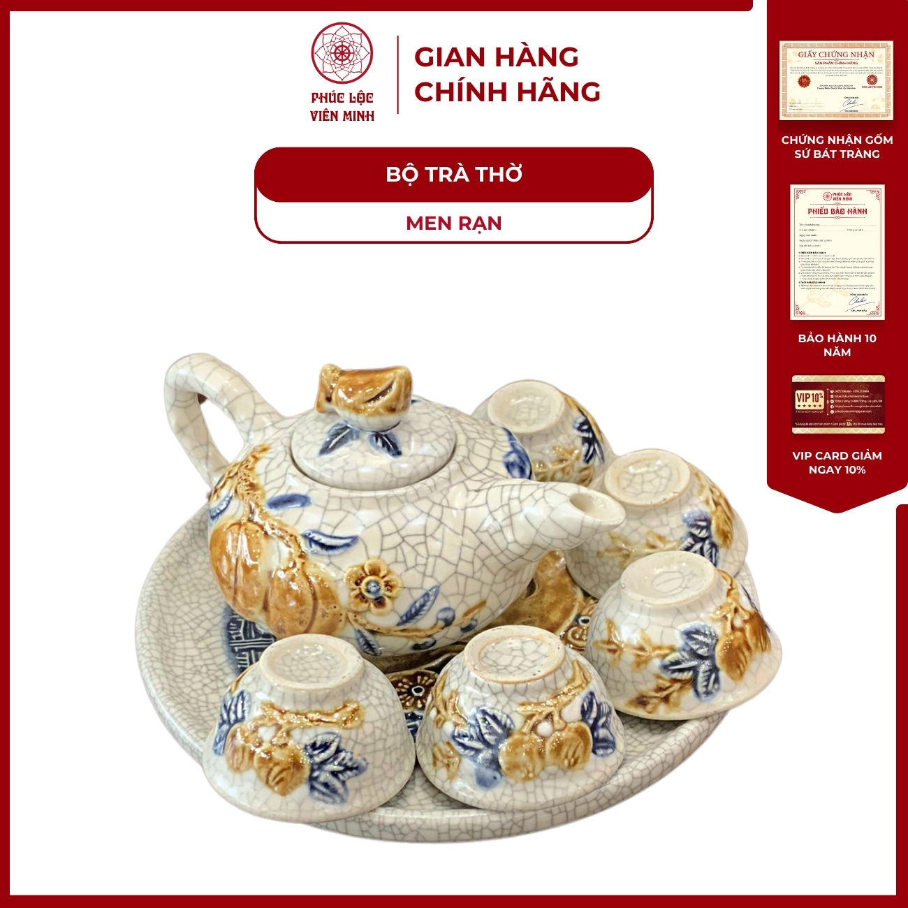 Bộ Trà Thờ Đào 5 Chén Gốm Sứ Bát Tràng - Phúc Lộc Viên Minh