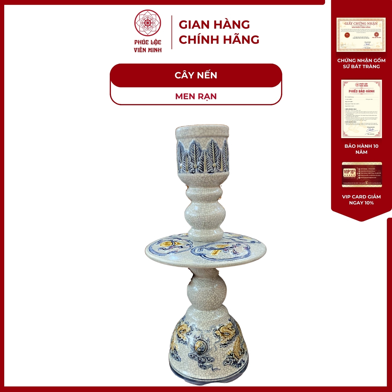 Đôi Chân Nến Đĩa Men Rạn Gốm Sứ Bát Tràng - Phúc Lộc Viên Minh