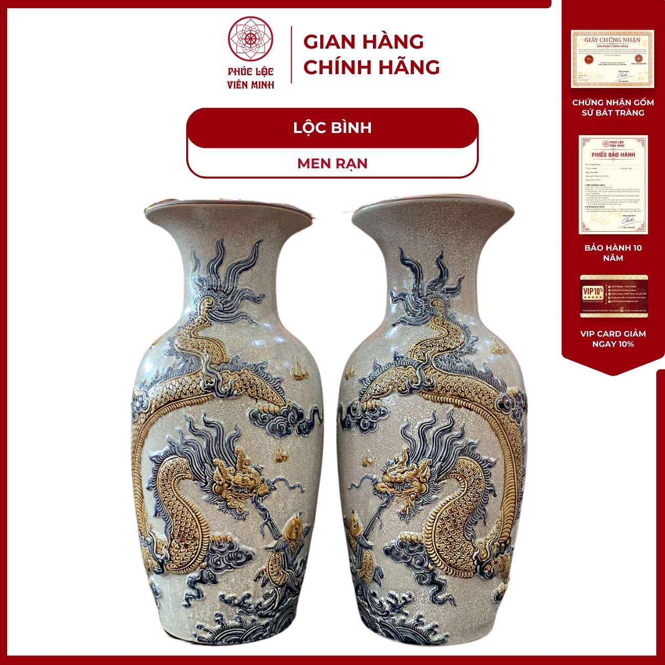 Đôi Lộc Bình Họa Tiết Rồng Men Rạn Gốm Sứ Bát Tràng - Phúc Lộc Viên Minh