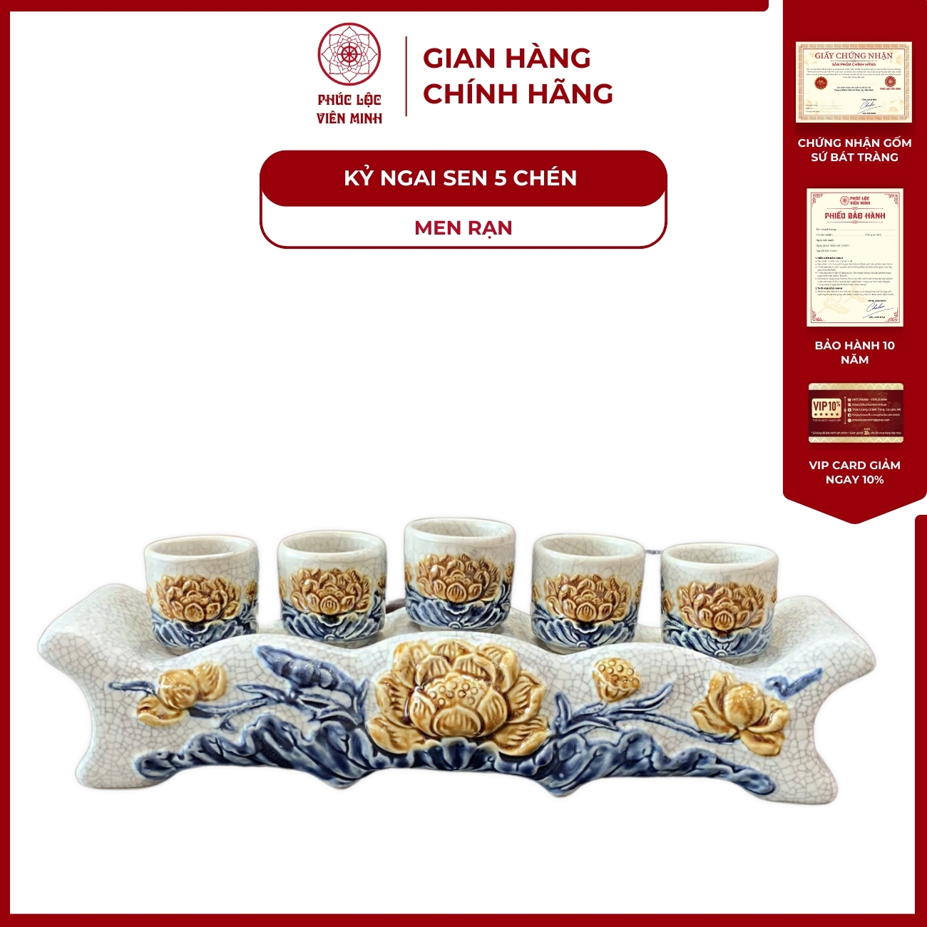 Bộ Kỷ Ngai Sen 5 Chén Men Rạn Gốm Sứ Bát Tràng - Phúc Lộc Viên Minh