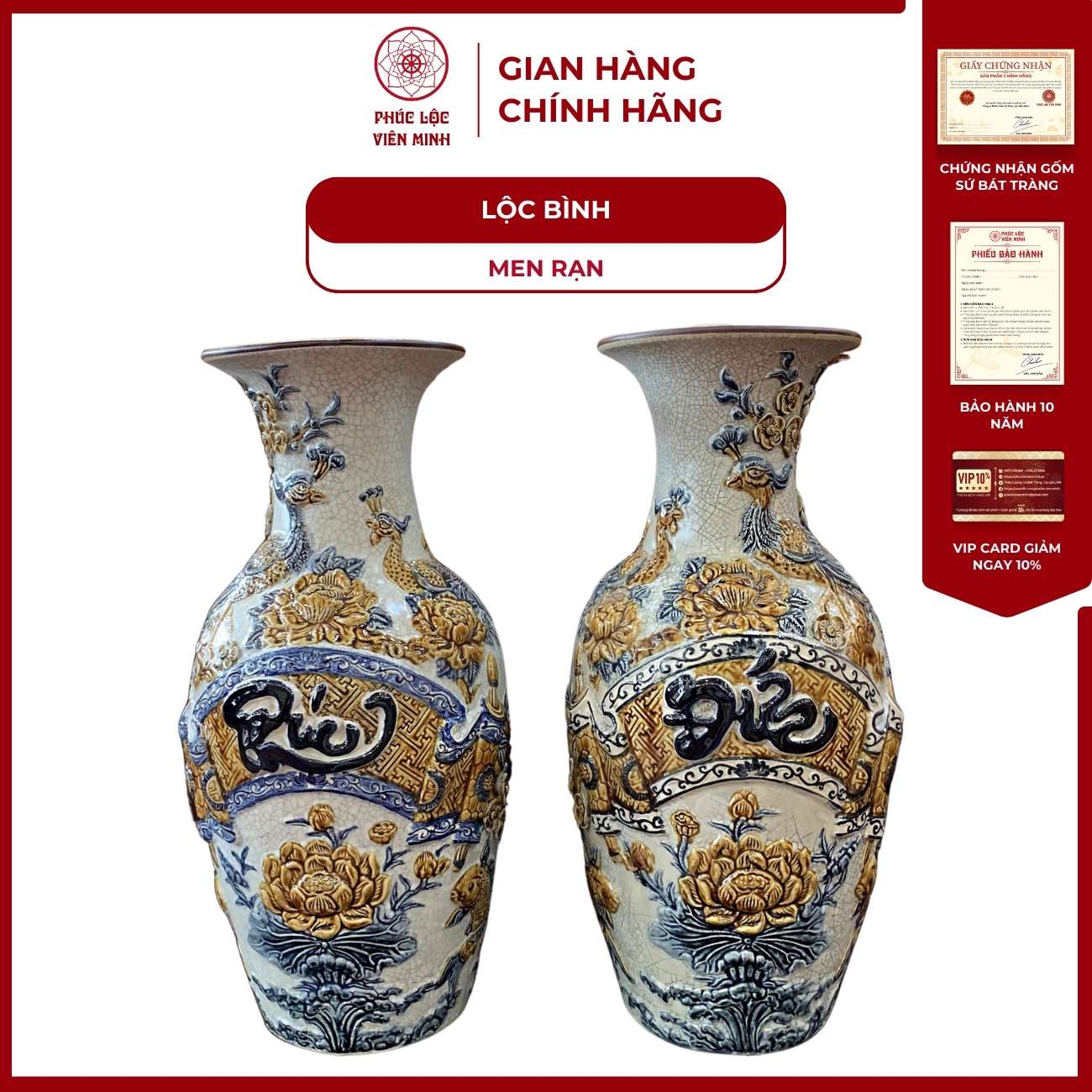 Bộ Đôi Lộc Bình Phúc Đức Men Rạn Gốm Sứ Bát Tràng - Phúc Lộc Viên Minh