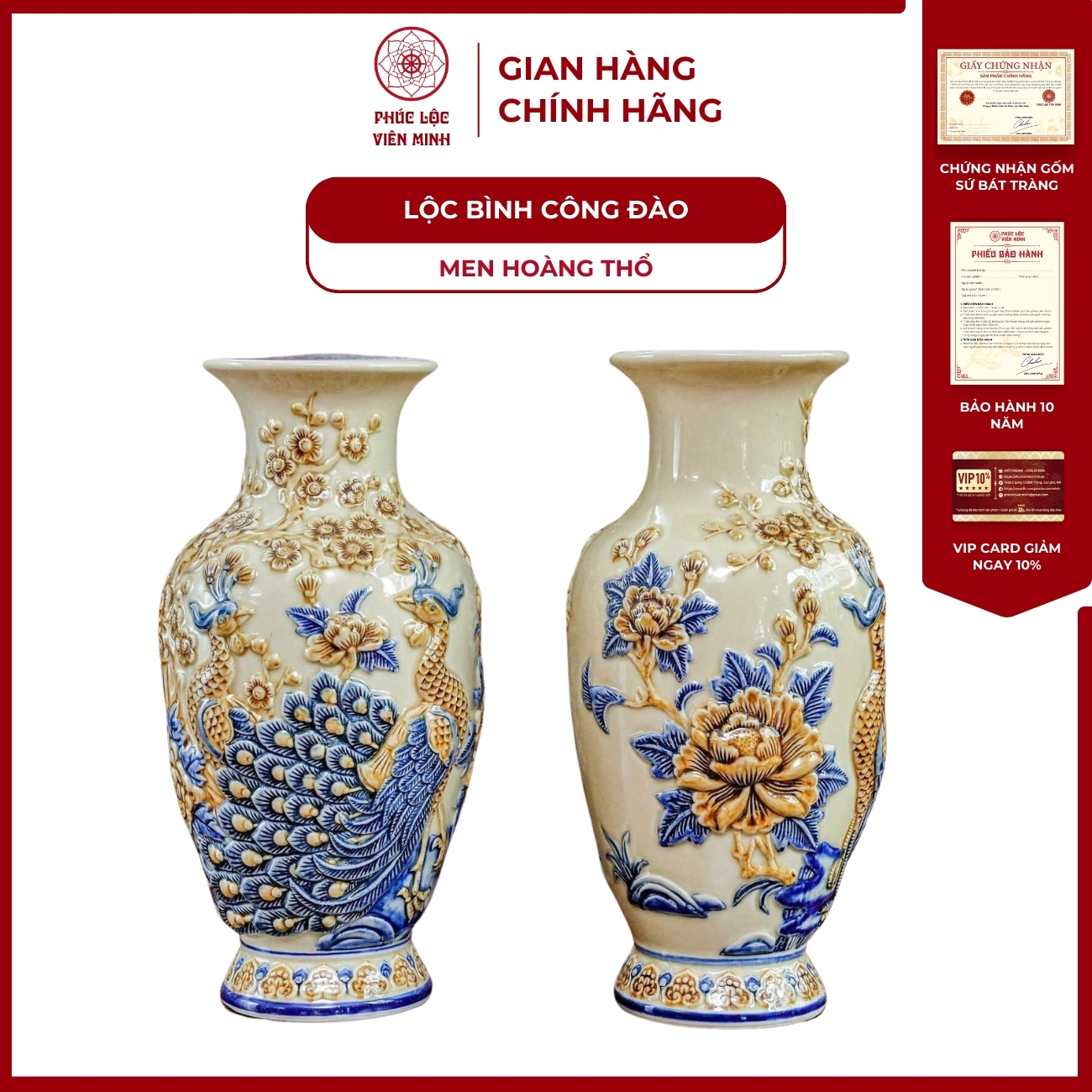 Đôi Lộc Bình Họa Tiết Công Đào Men Hoàng Thổ Gốm Sứ Bát Tràng - Phúc Lộc Viên Minh