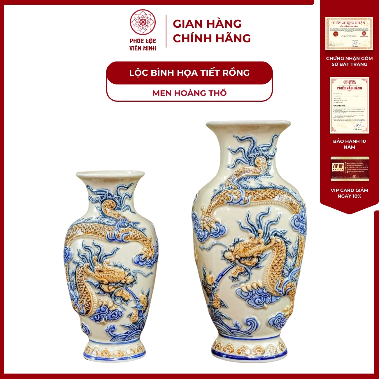 Đôi Lộc Bình Họa Tiết Rồng Men Hoàng Thổ Gốm Sứ Bát Tràng - Phúc Lộc Viên Minh