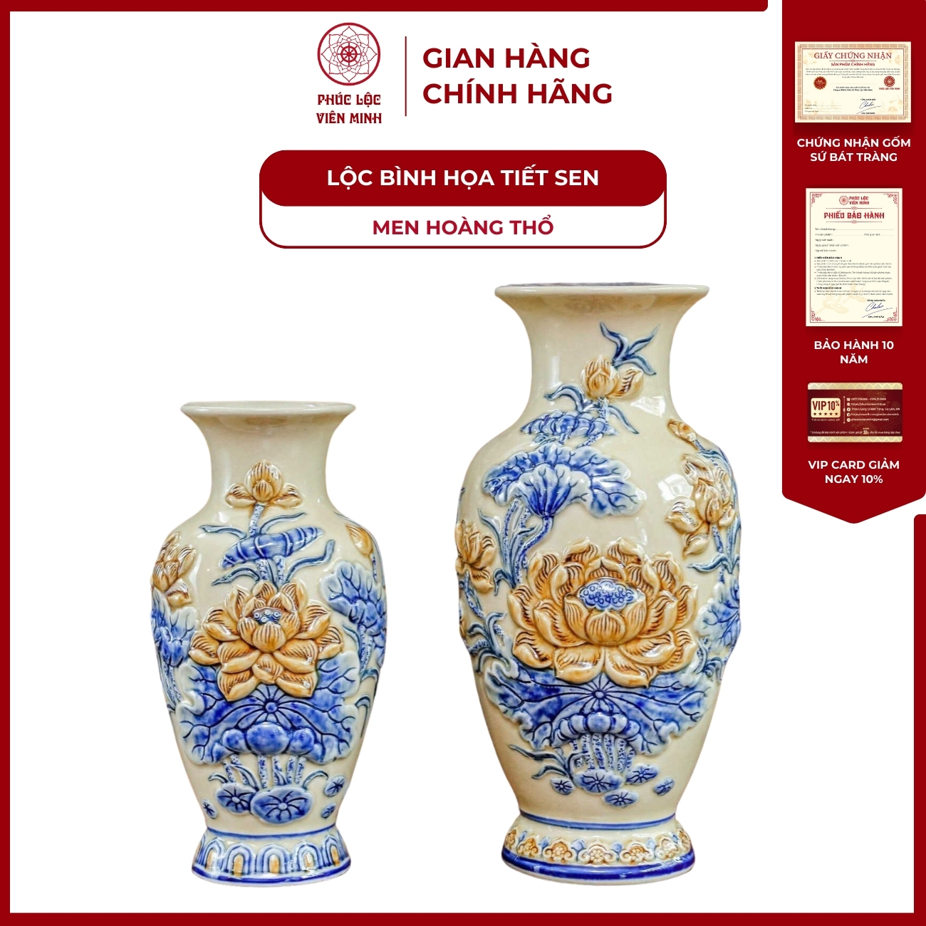 Đôi Lộc Bình Họa Tiết Sen Men Hoàng Thổ Gốm Sứ Bát Tràng - Phúc Lộc Viên Minh