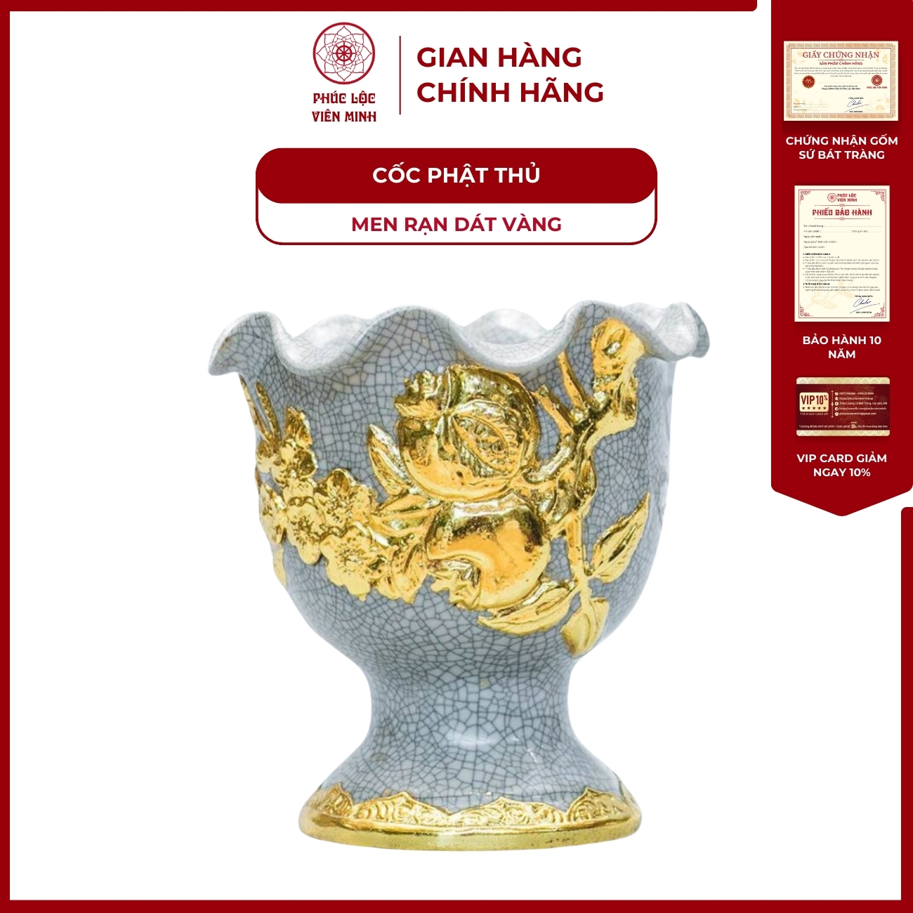 Cốc Phật Thủ Họa Tiết Đào Men Rạn Dát Vàng Gốm Sứ Bát Tràng - Phúc Lộc Viên Minh