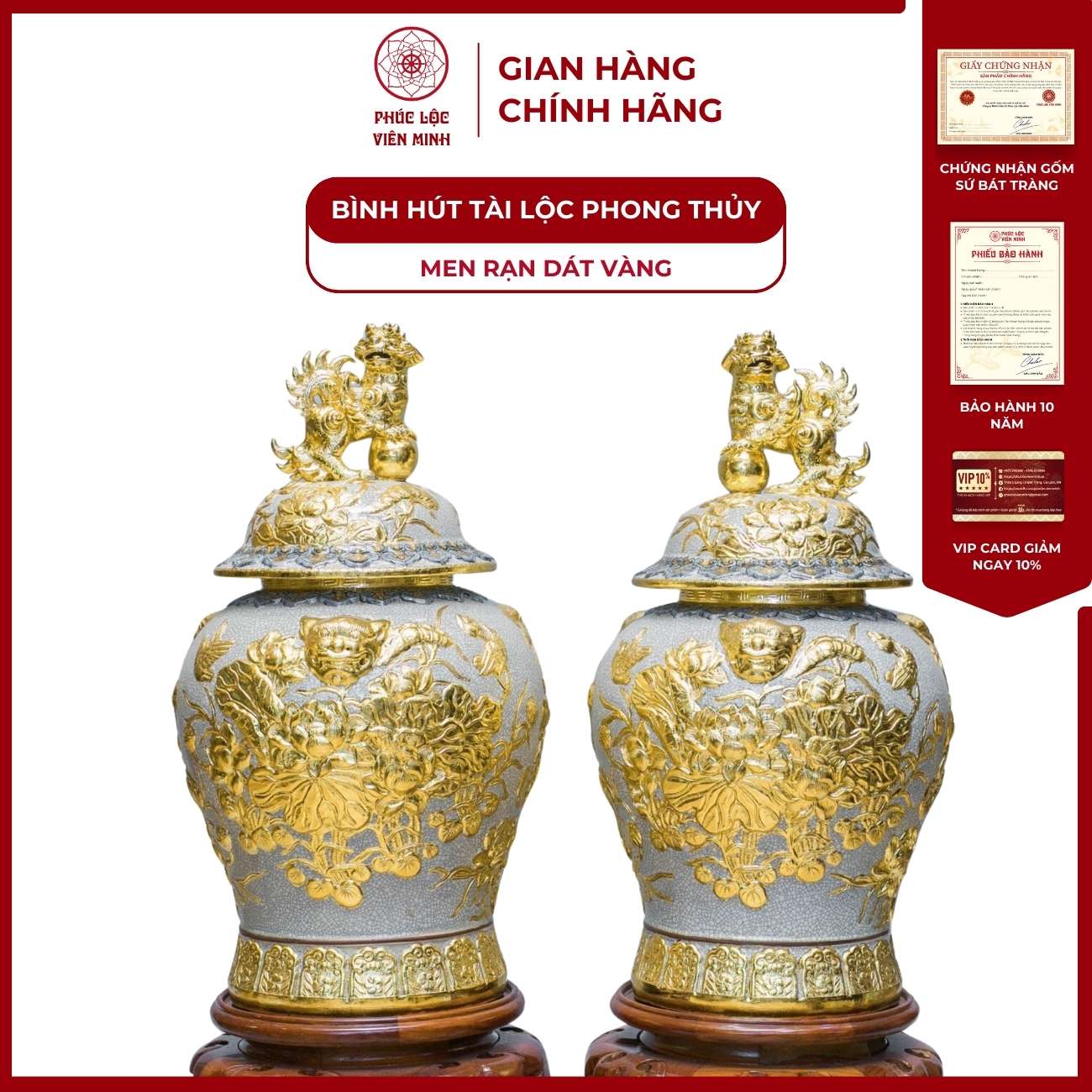 Chóe Thờ Họa Tiết Sen Men Rạn Dát Vàng Gốm Sứ Bát Tràng - Phúc Lộc Viên Minh