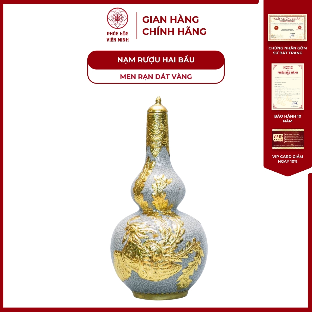 Nậm Rượu 2 Bầu Họa Tiết Phượng  Men Rạn Dát Vàng Gốm Sứ Bát Tràng - Phúc Lộc Viên Minh