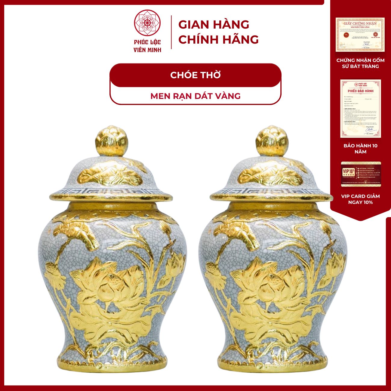 Chóe Thờ Họa Tiết Sen Men Rạn Dát Vàng Gốm Sứ Bát Tràng - Phúc Lộc Viên Minh
