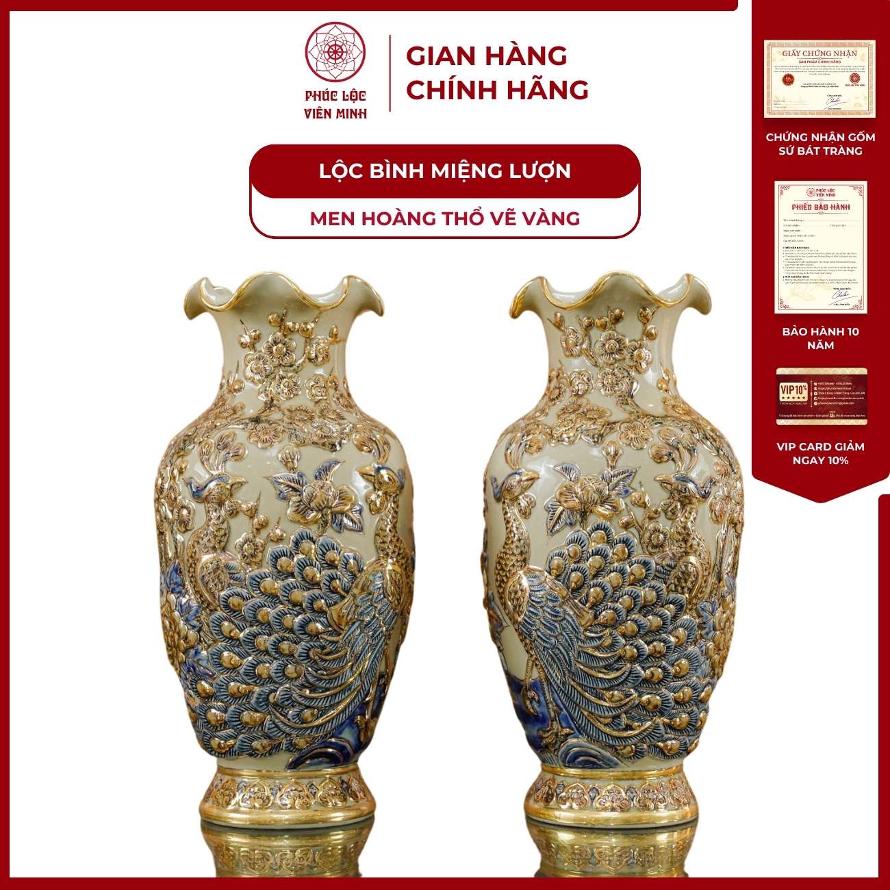 Đôi Lộc Bình Miệng Lượn Họa Tiết Công Đào Men Hoàng Thổ Vẽ Vàng Gốm Sứ Bát Tràng - Phúc Lộc Viên Minh