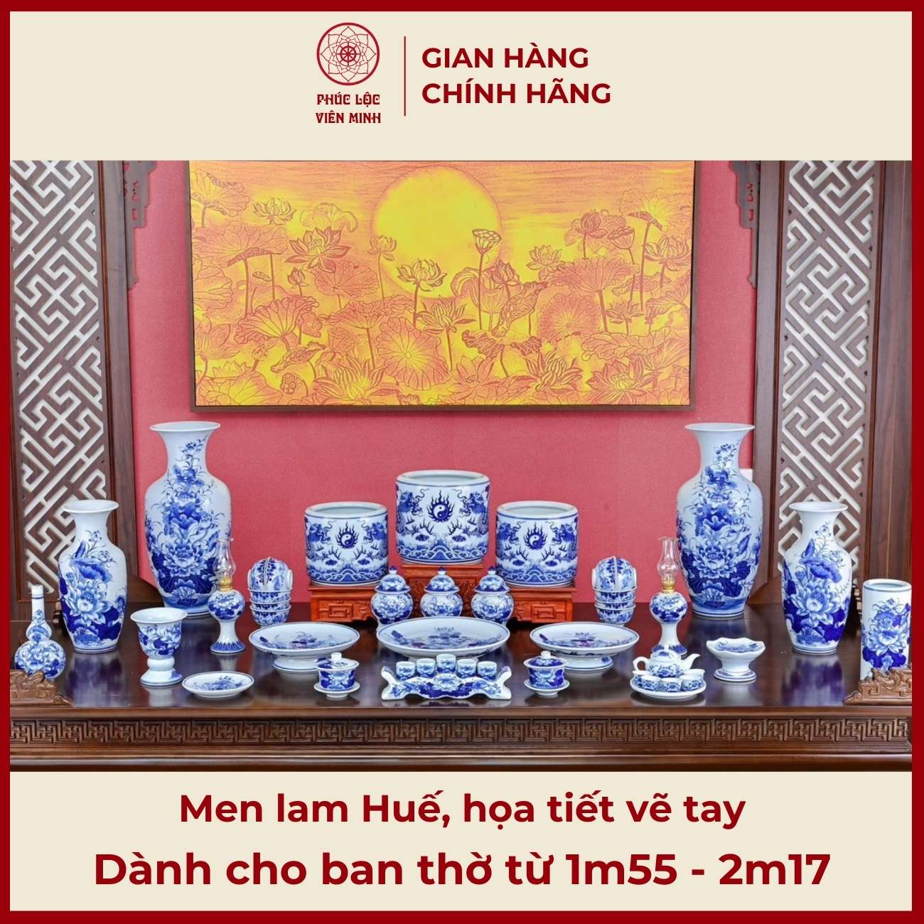 Bộ Đồ Thờ Men Lam Vẽ Tay Gốm Sứ Bát Tràng - Phúc Lộc Viên Minh - PLVM342