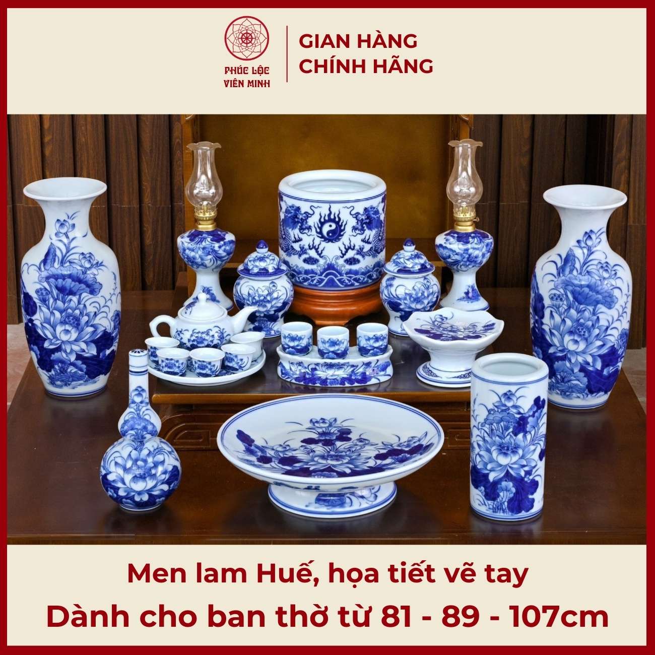 Bộ Đồ Thờ Men Lam Vẽ Tay Gốm Sứ Bát Tràng - Phúc Lộc Viên Minh - PLVM366