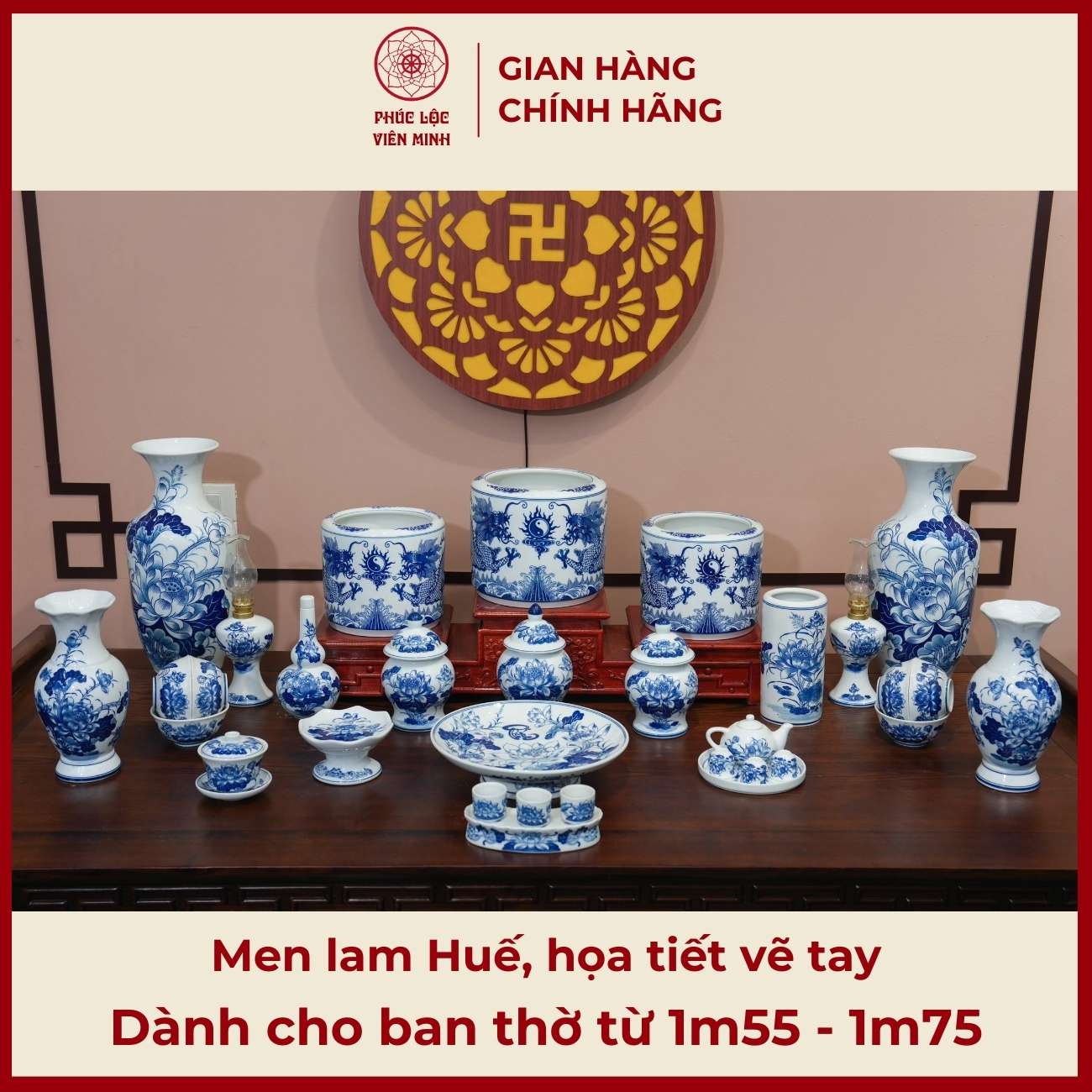Bộ Đồ Thờ Men Lam Vẽ Tay Gốm Sứ Bát Tràng - Phúc Lộc Viên Minh - PLVM377