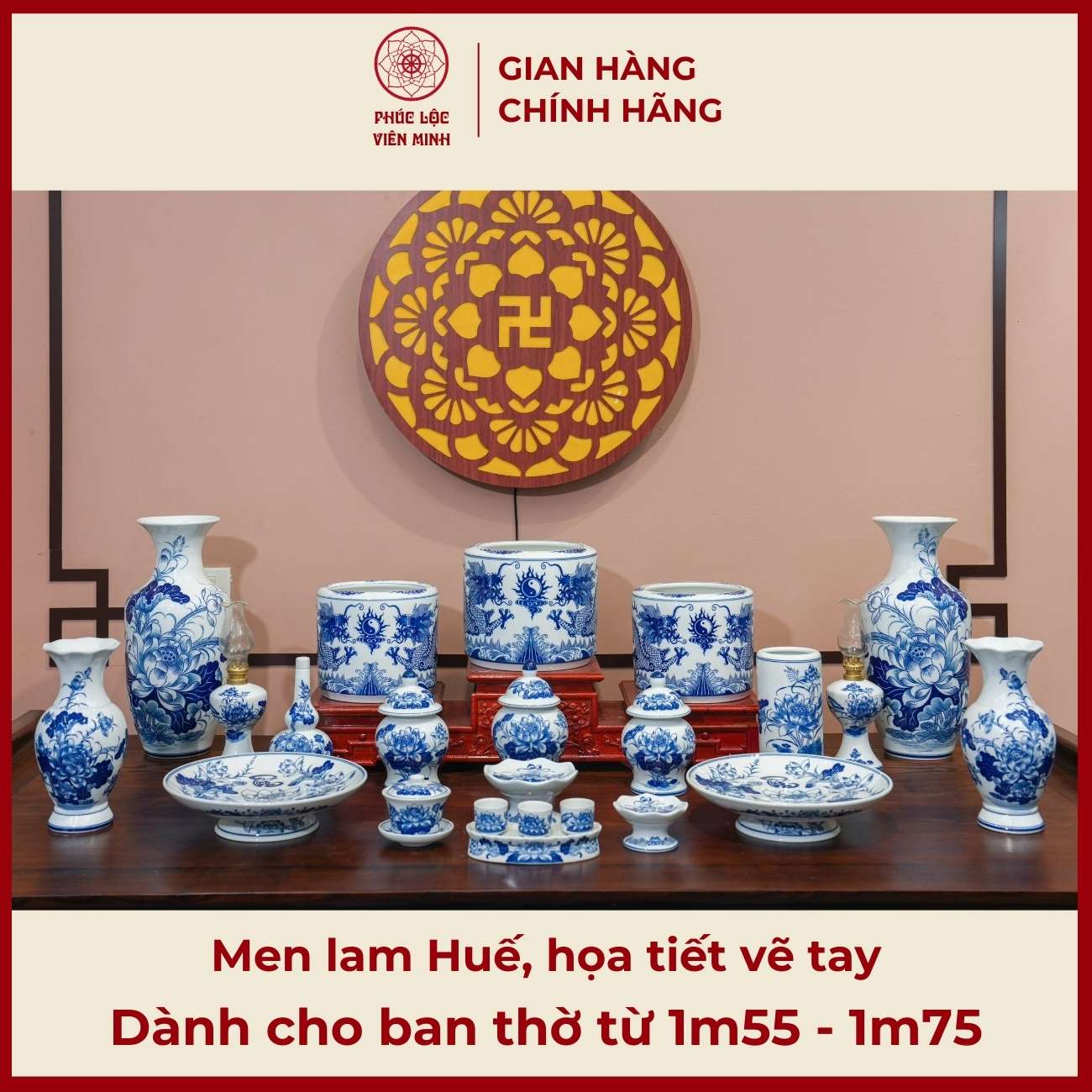 Bộ Đồ Thờ Men Lam Vẽ Tay Gốm Sứ Bát Tràng - Phúc Lộc Viên Minh - PLVM378