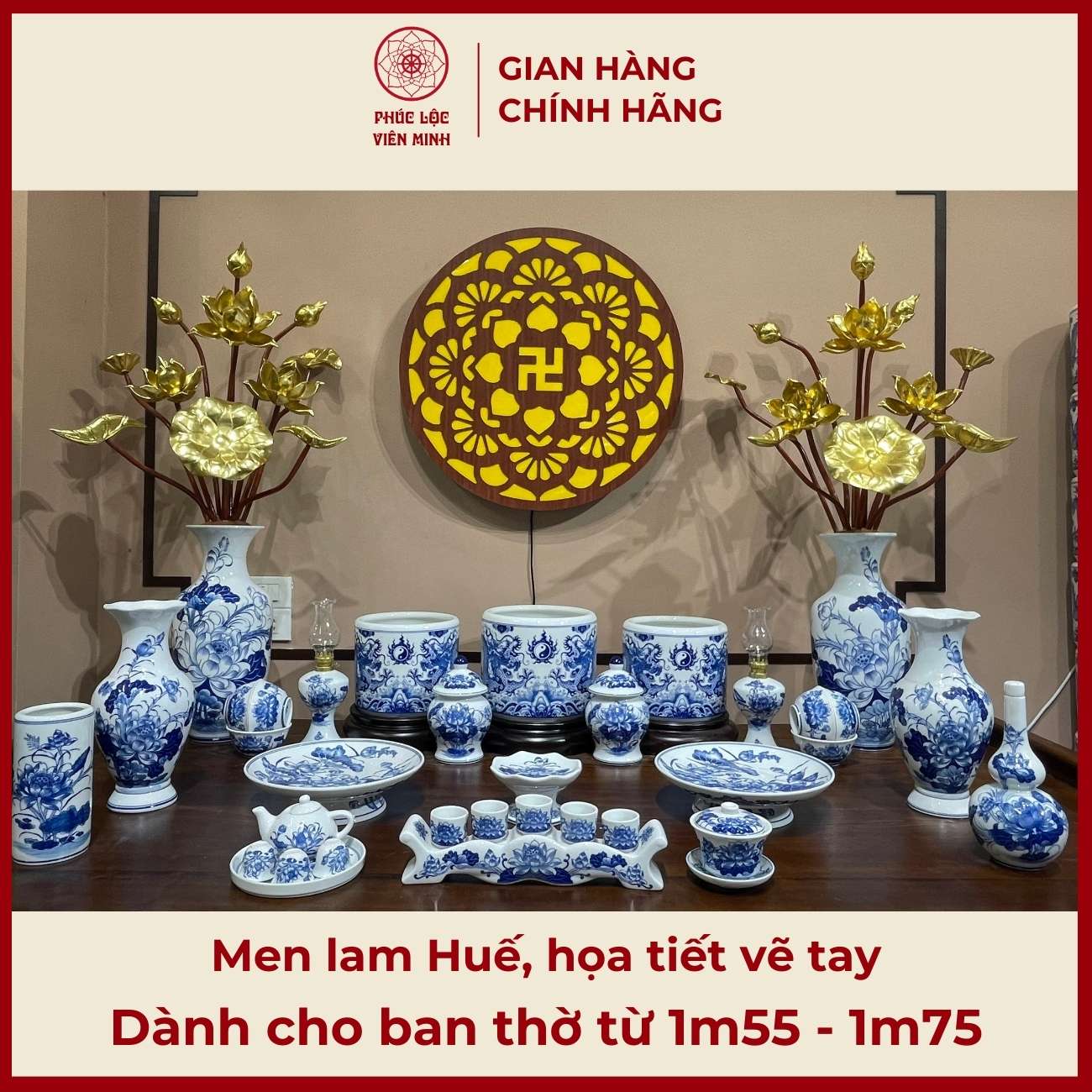 Bộ Đồ Thờ Men Lam Huế Gốm Sứ Bát Tràng - Phúc Lộc Viên Minh - PLVM390