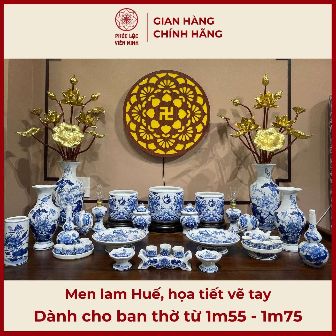 Bộ Đồ Thờ Men Lam Vẽ Tay Gốm Sứ Bát Tràng - Phúc Lộc Viên Minh - PLVM396