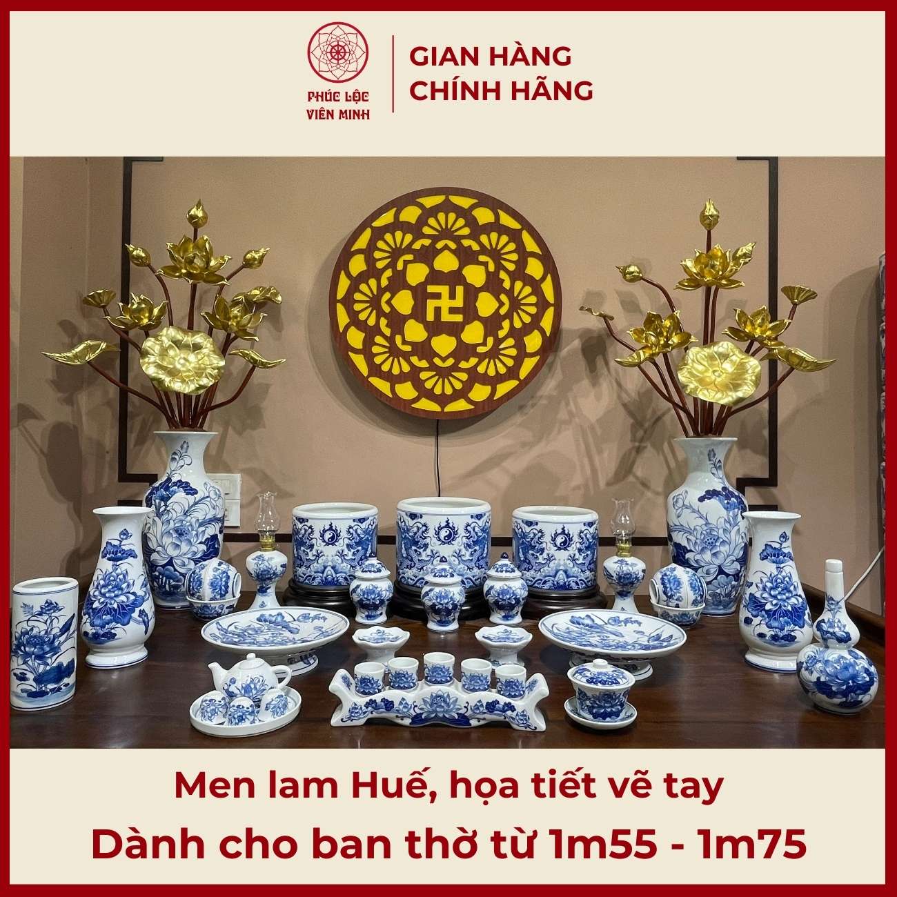 Bộ Đồ Thờ Men Lam Vẽ Tay Gốm Sứ Bát Tràng - Phúc Lộc Viên Minh - PLVM397