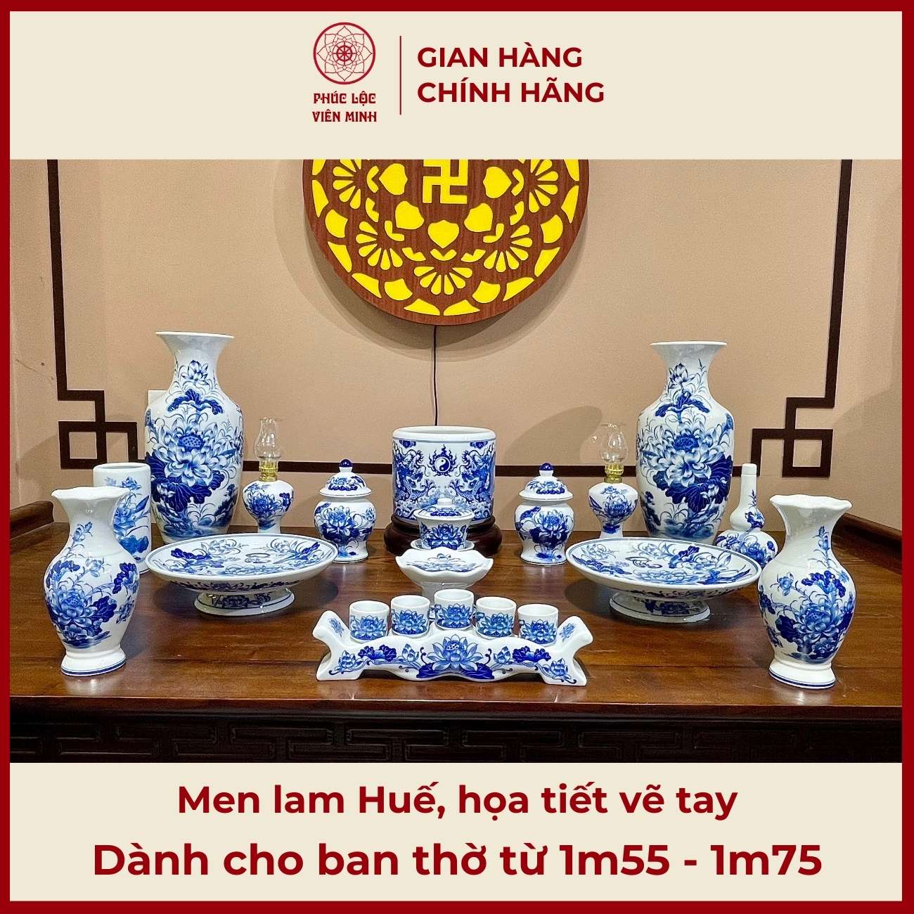 Bộ Đồ Thờ Men Lam Huế Gốm Sứ Bát Tràng - Phúc Lộc Viên Minh -  PLVM411