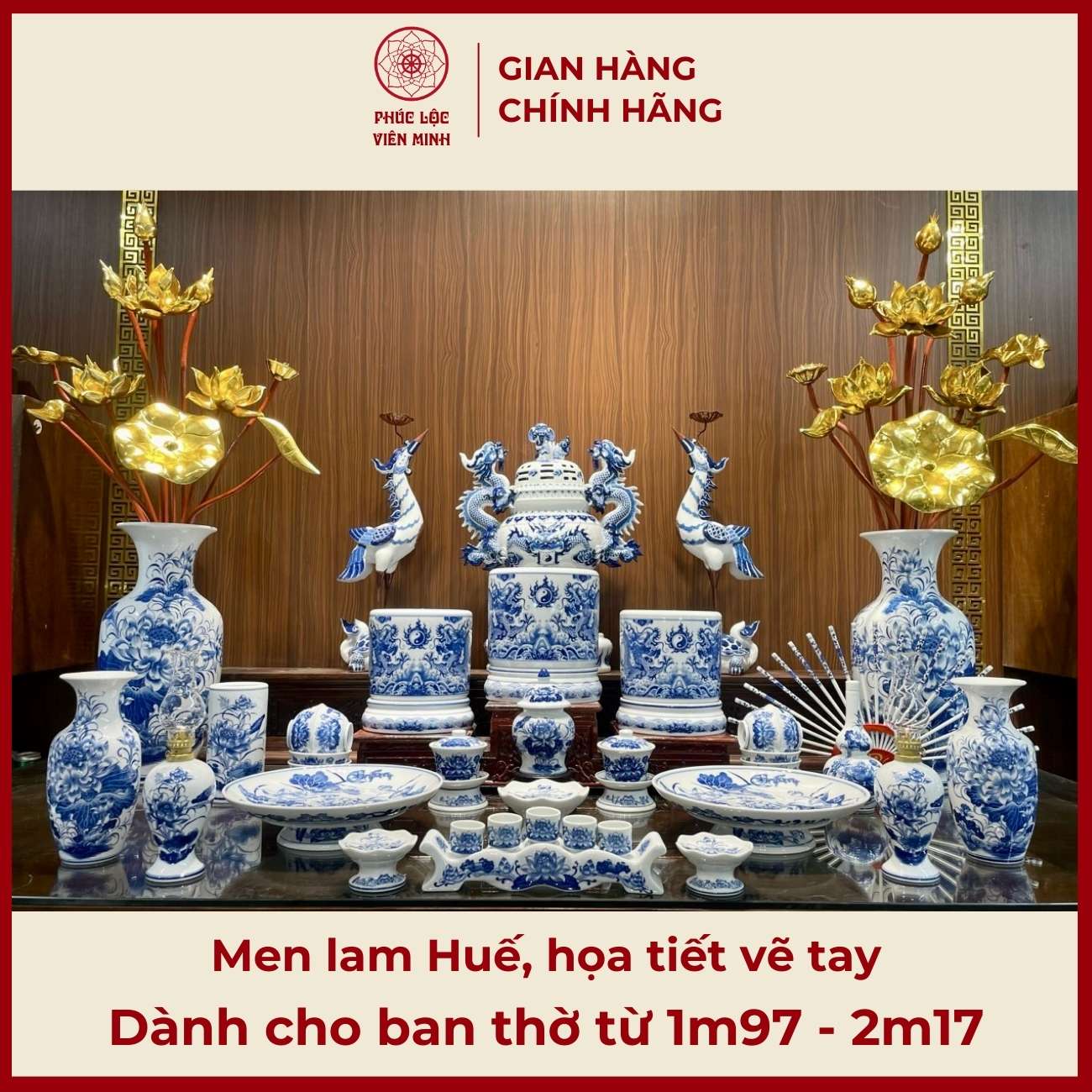 Bộ Đồ Thờ Men Lam Huế Gốm Sứ Bát Tràng - Phúc Lộc Viên Minh -  PLVM419