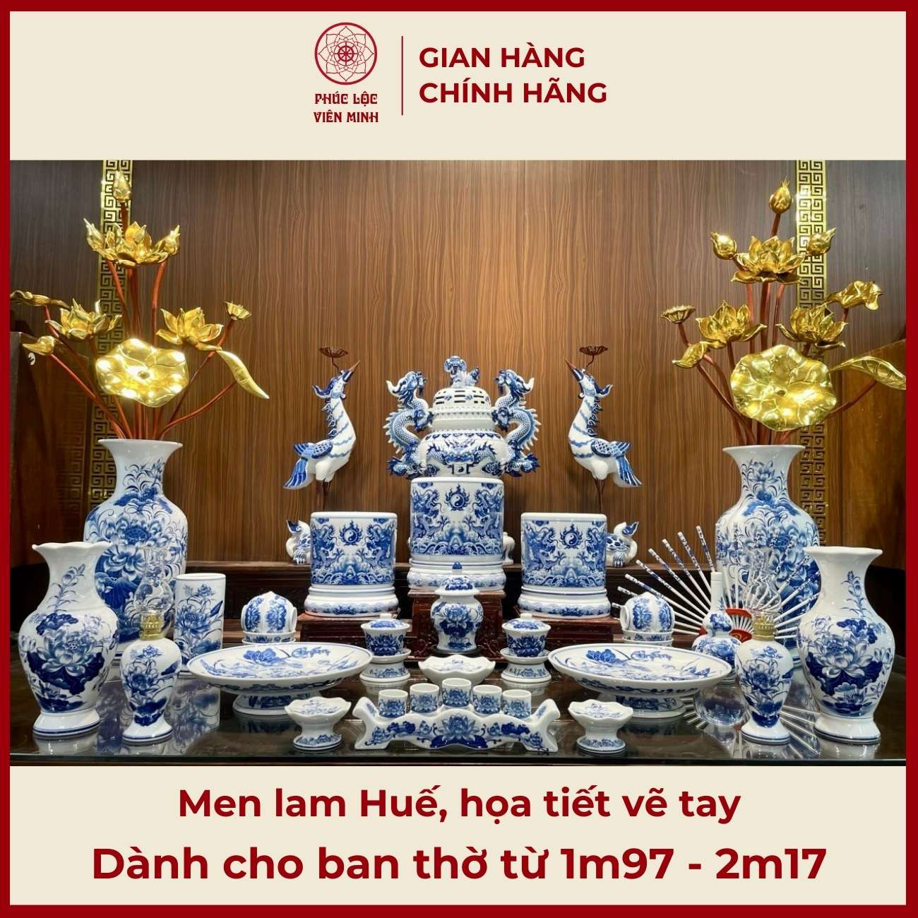 Bộ Đồ Thờ Men Lam Gốm Sứ Bát Tràng - Phúc Lộc Viên Minh -  PLVM420