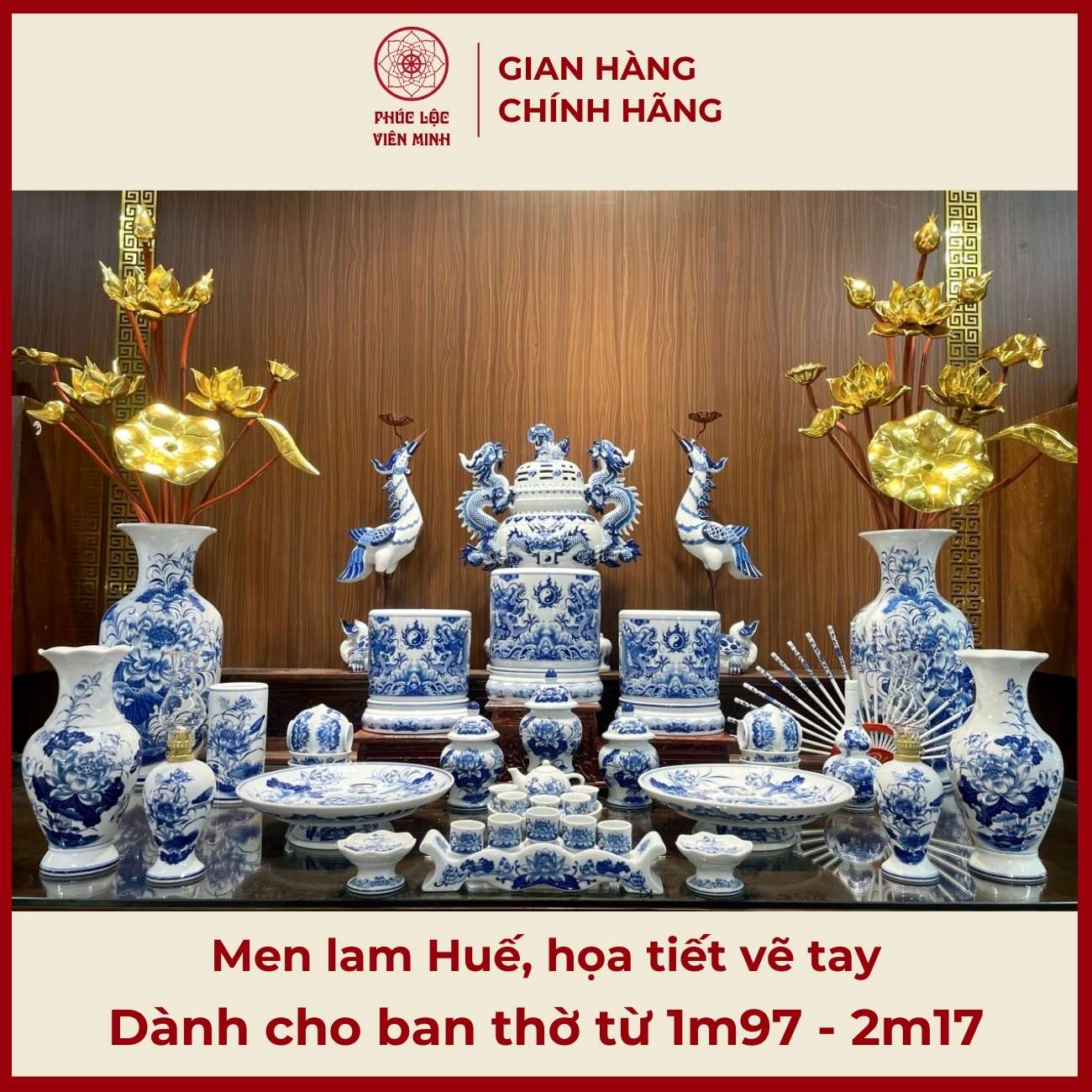Bộ Đồ Thờ Men Lam Huế Gốm Sứ Bát Tràng - Phúc Lộc Viên Minh -  PLVM428