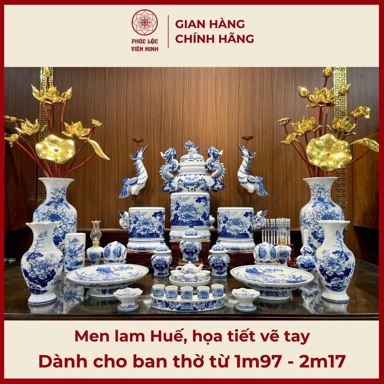Bộ Đồ Thờ Men Lam Gốm Sứ Bát Tràng - Phúc Lộc Viên Minh -  PLVM434