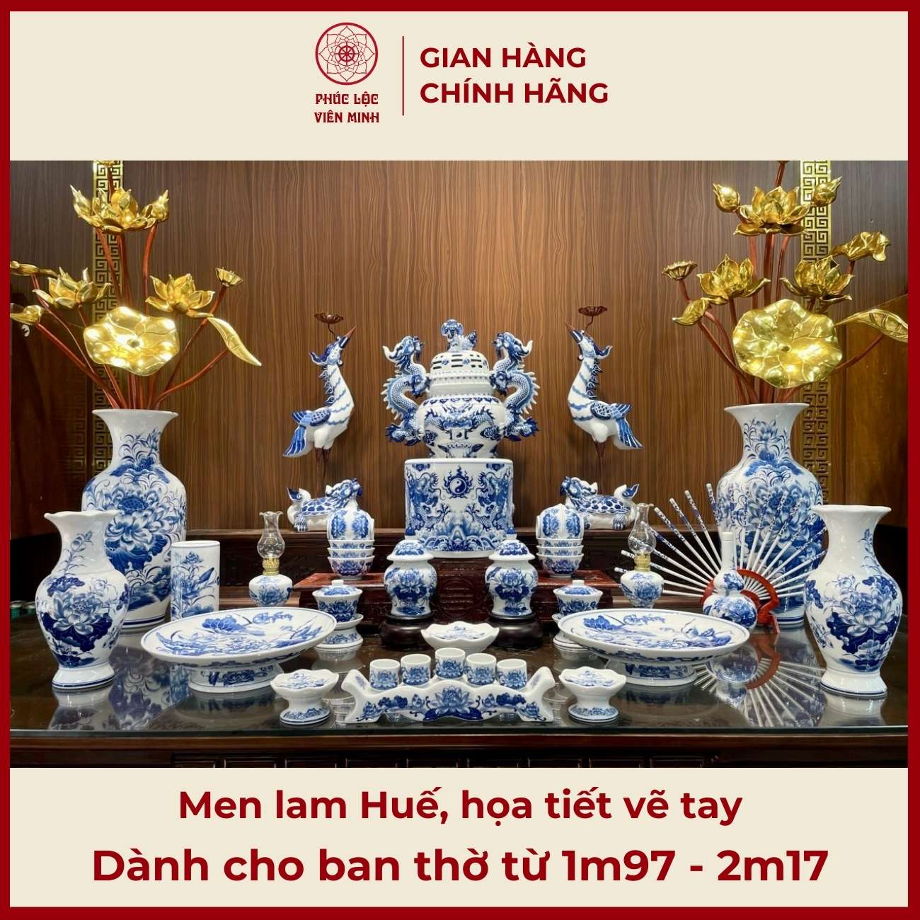Bộ Đồ Thờ Men Lam Huế Gốm Sứ Bát Tràng - Phúc Lộc Viên Minh -  PLVM439