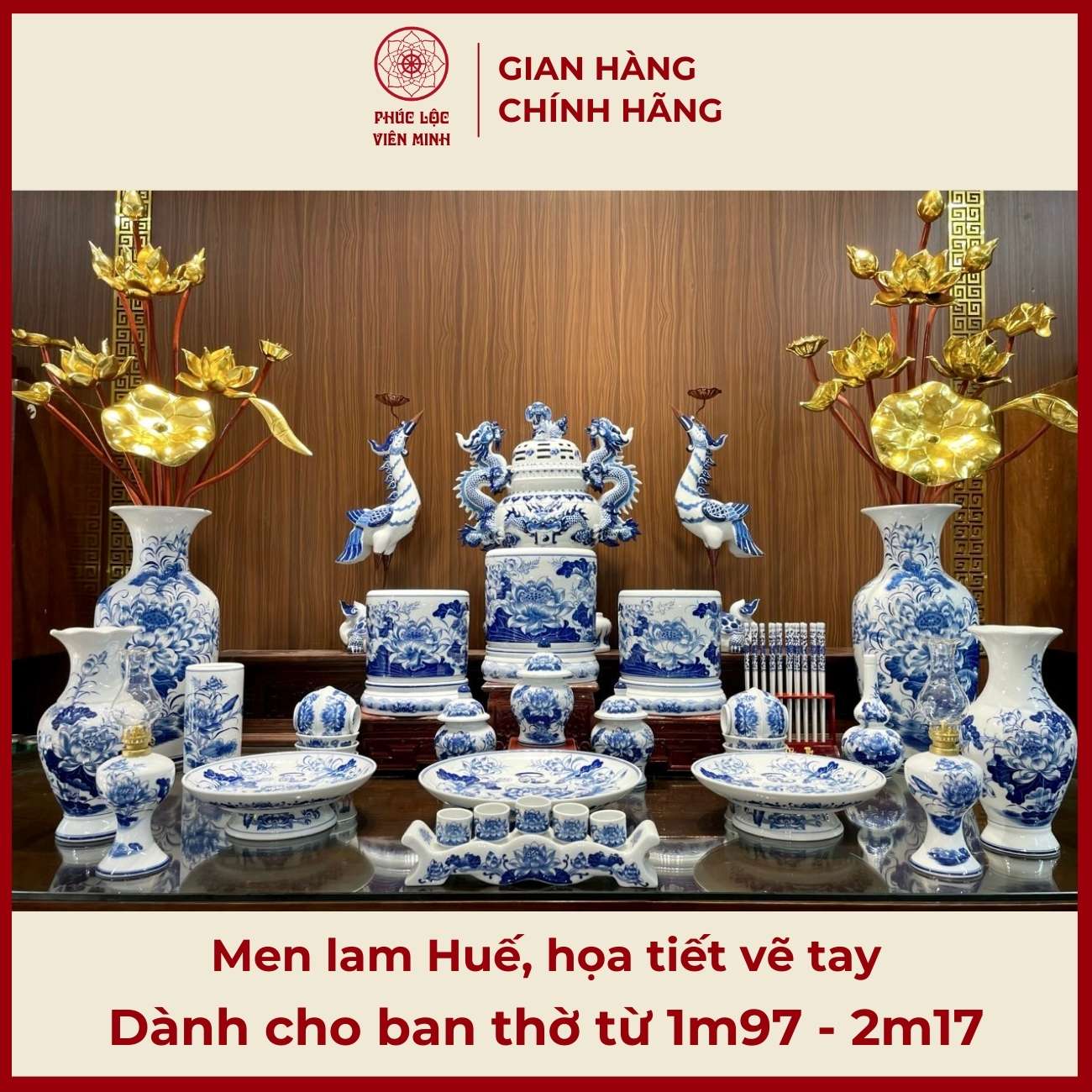 Bộ Đồ Thờ Men Lam Huế Gốm Sứ Bát Tràng - Phúc Lộc Viên Minh -  PLVM444