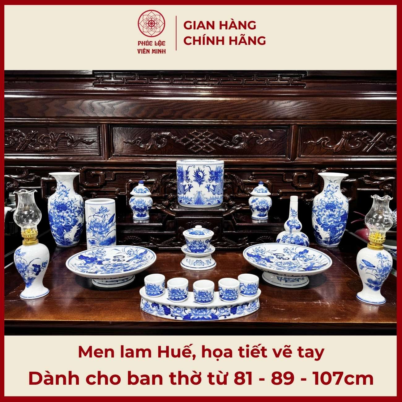 Bộ Đồ Thờ Men Lam Gốm Sứ Bát Tràng - Phúc Lộc Viên Minh - PLVM448