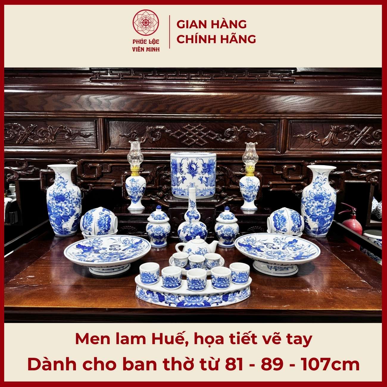 Bộ Đồ Thờ Men Lam Huế Cao Cấp Gốm Sứ Bát Tràng - Phúc Lộc Viên Minh - PLVM450