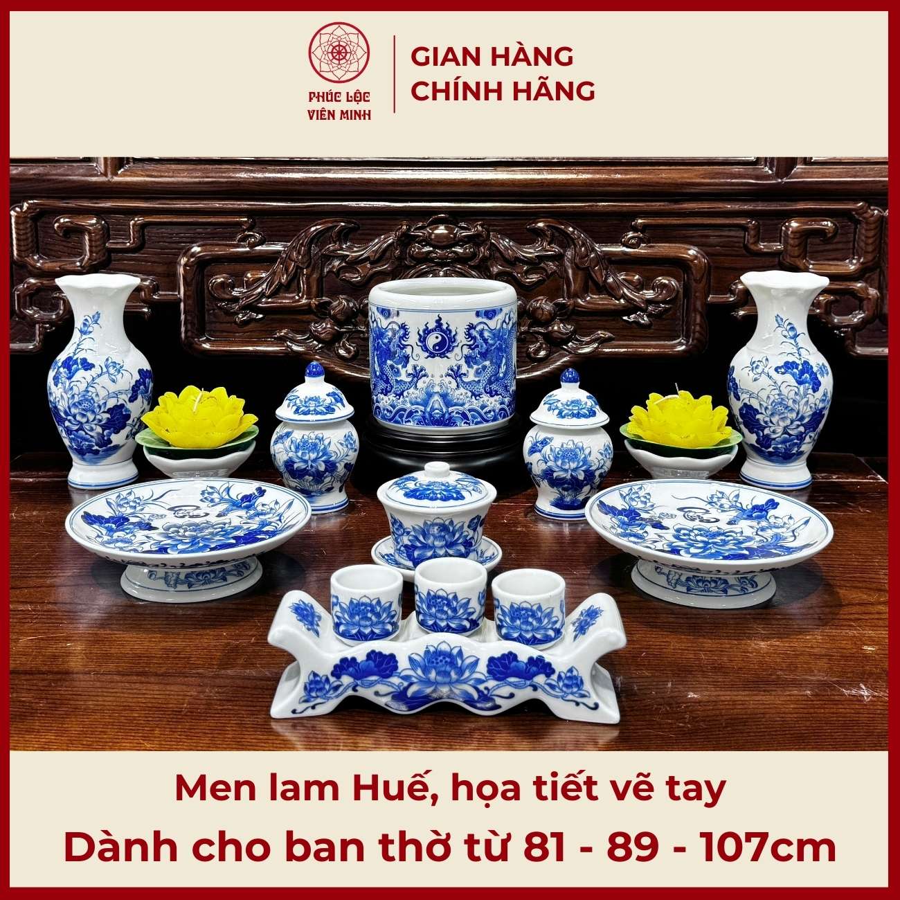 Bộ Đồ Thờ Men Lam Huế Họa Tiết Vẽ Tay Gốm Sứ Bát Tràng - Phúc Lộc Viên Minh - PLVM456