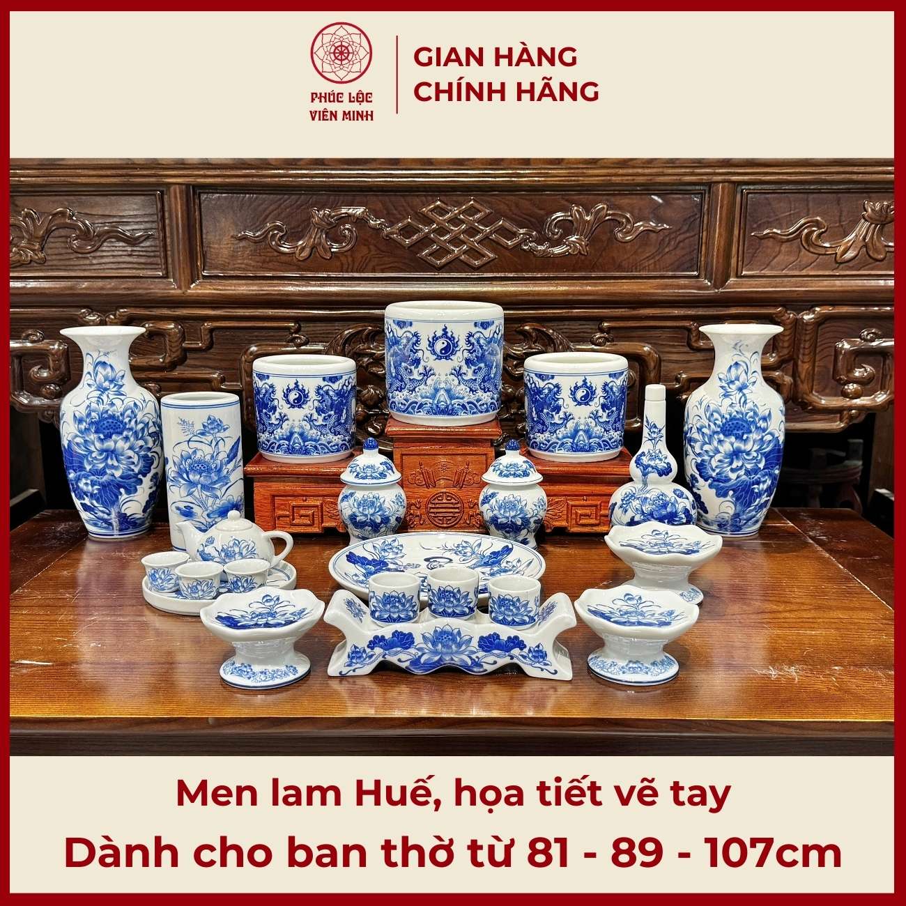 Bộ Đồ Thờ Men Lam Huế Gốm Sứ Bát Tràng - Phúc Lộc Viên Minh - PLVM462