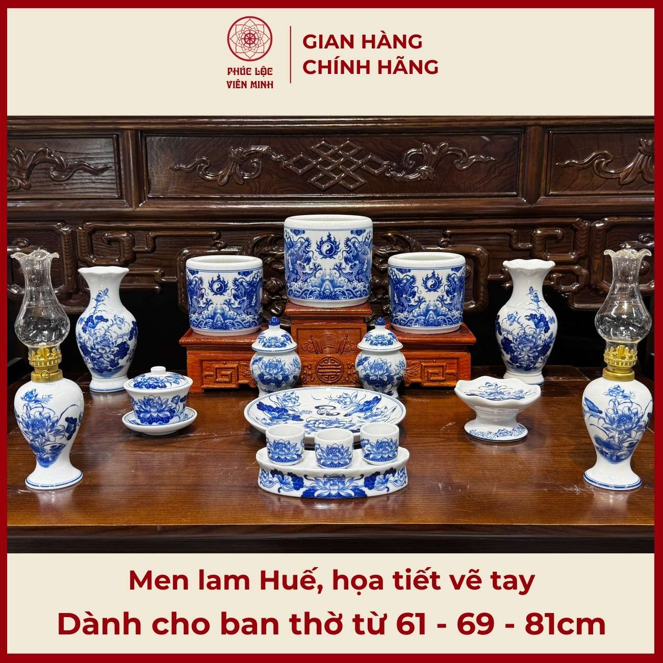 Bộ Đồ Thờ Men Lam Họa Tiết Vẽ Tay Gốm Sứ Bát Tràng - Phúc Lộc Viên Minh - PLVM489