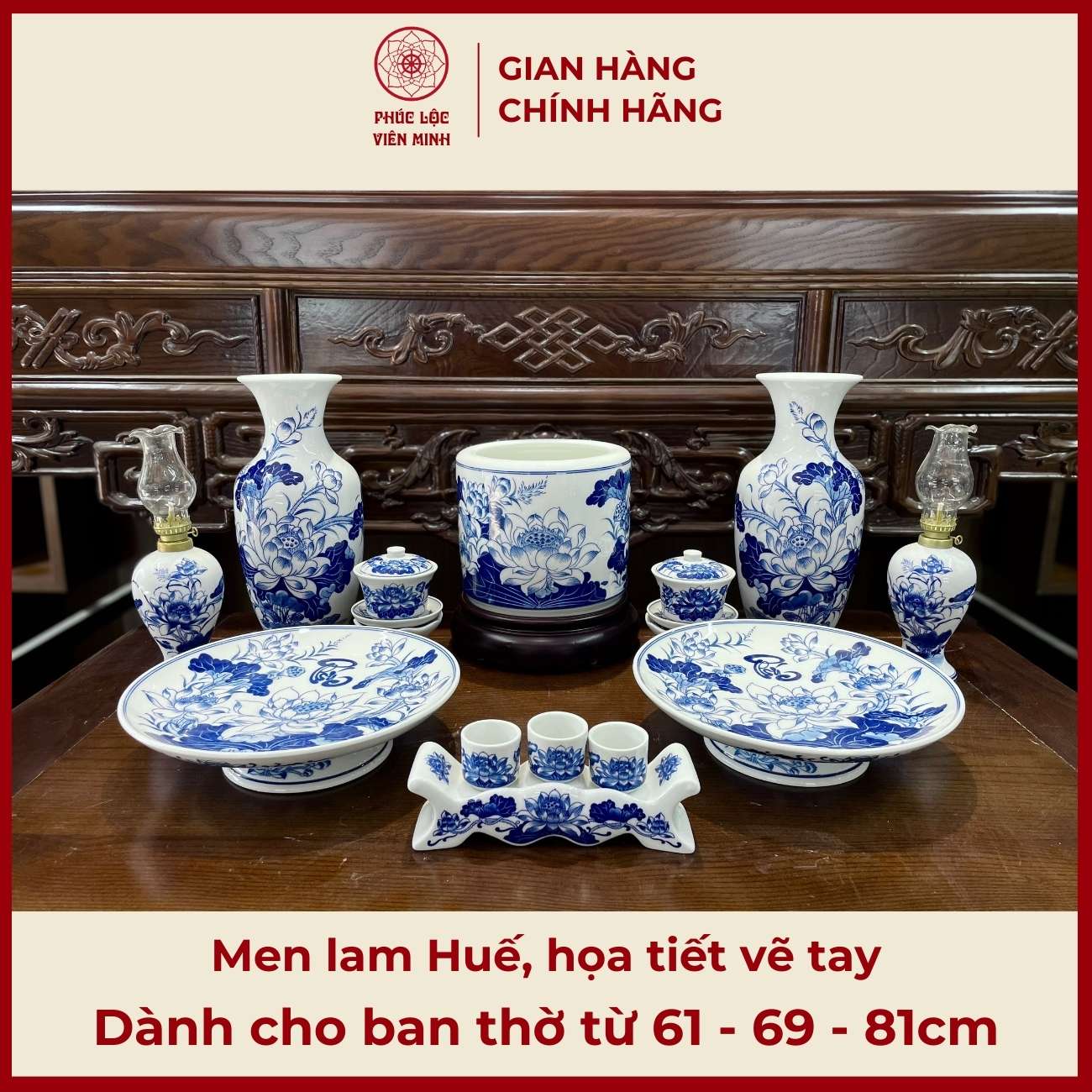 Bộ Đồ Thờ Men Lam Họa Tiết Vẽ Tay Gốm Sứ Bát Tràng - Phúc Lộc Viên Minh - PLVM499