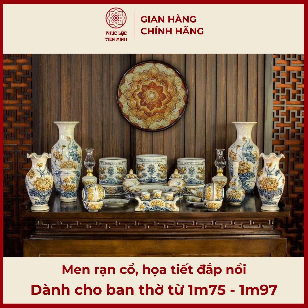 Bộ Đồ Thờ Men Rạn Cổ Gốm Sứ Bát Tràng - Phúc Lộc Viên Minh - PLVM518