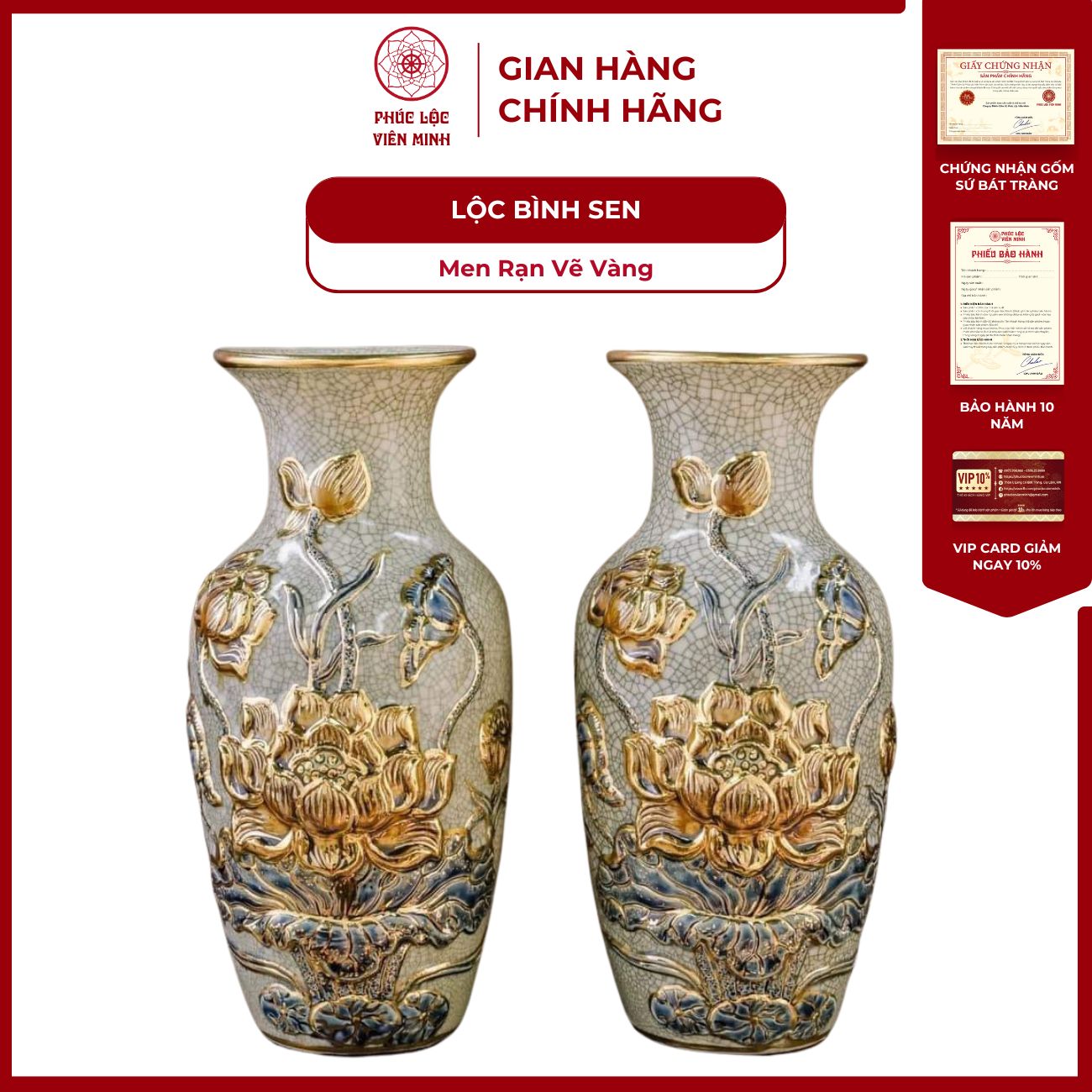 Đôi Lộc Bình Họa Tiết Sen Men Rạn Vẽ Vàng Gốm Sứ Bát Tràng - Phúc Lộc Viên Minh - PLVM1008