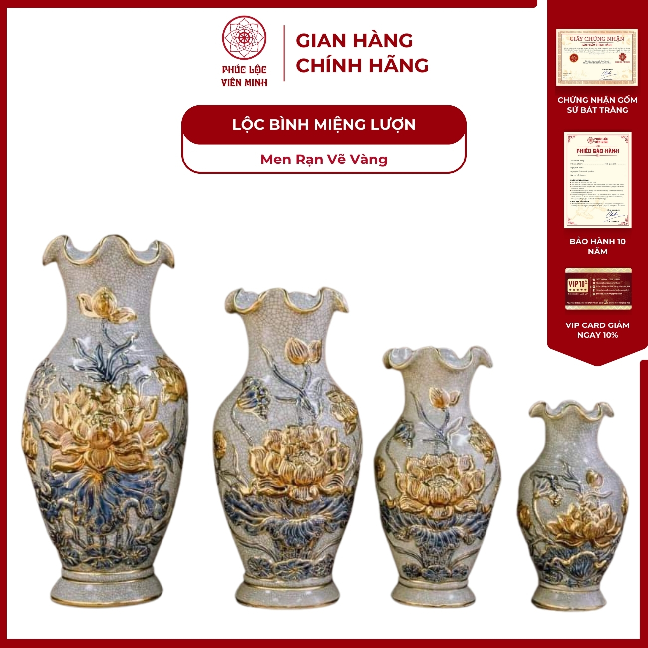 Đôi Lộc Bình Miệng Lượn Họa Tiết Sen Men Rạn Vẽ Vàng Gốm Sứ Bát Tràng - Phúc Lộc Viên Minh