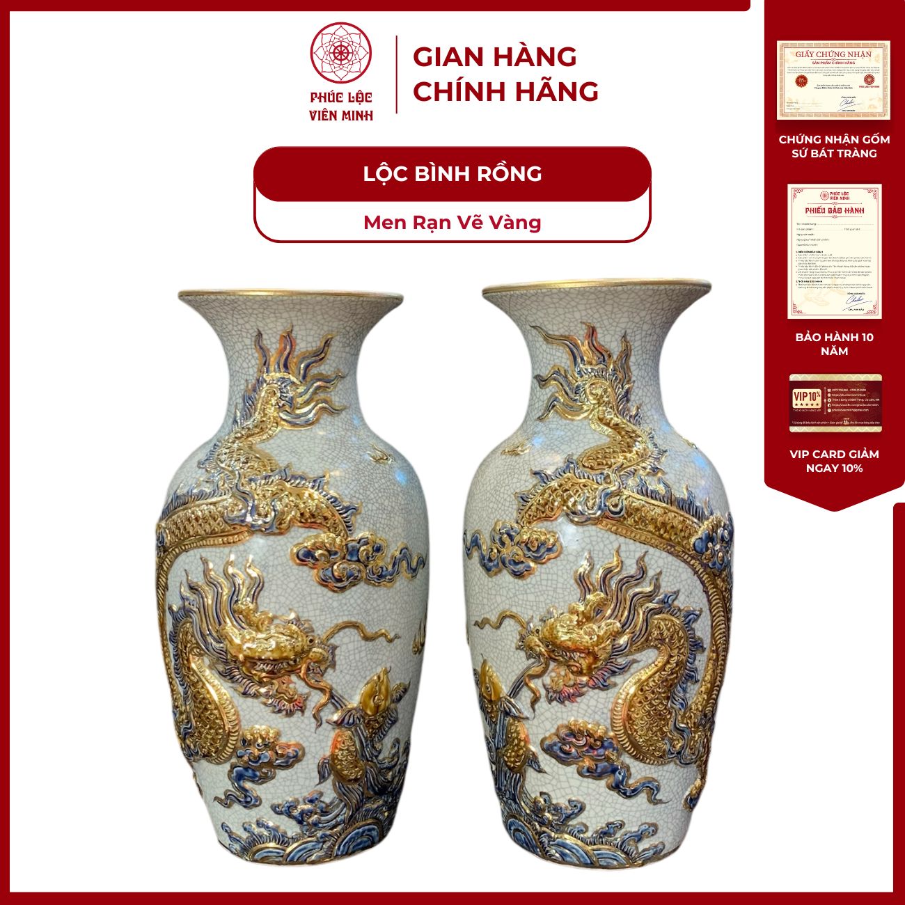 Đôi Lộc Bình Họa Tiết Rồng Men Rạn Vẽ Vàng Gốm Sứ Bát Tràng - Phúc Lộc Viên Minh - PLVM1006